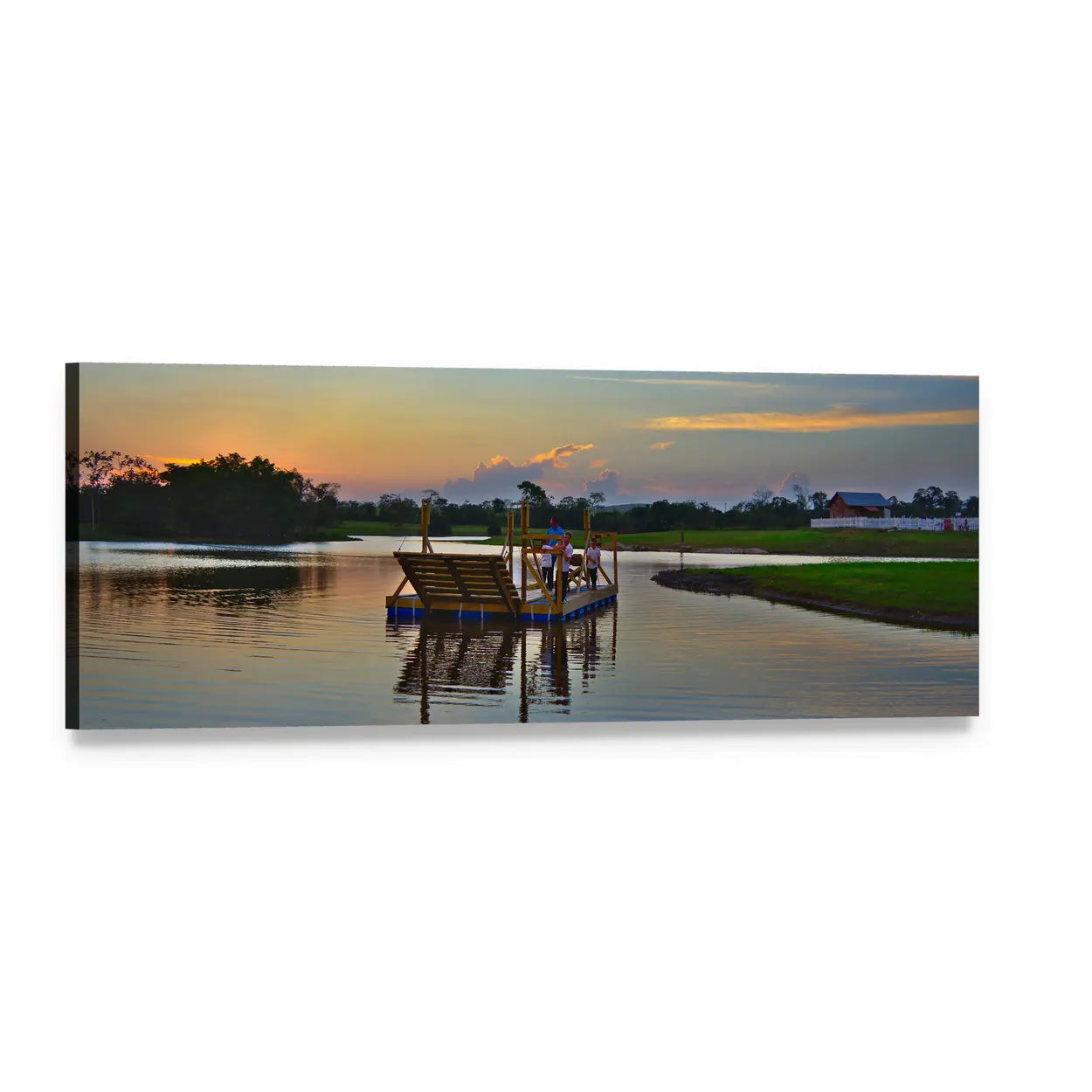 Wooden Ferry on Lake at Sunset Panoramic Canvas Wall Art, single panel gallery wrapped canvas, angled product view