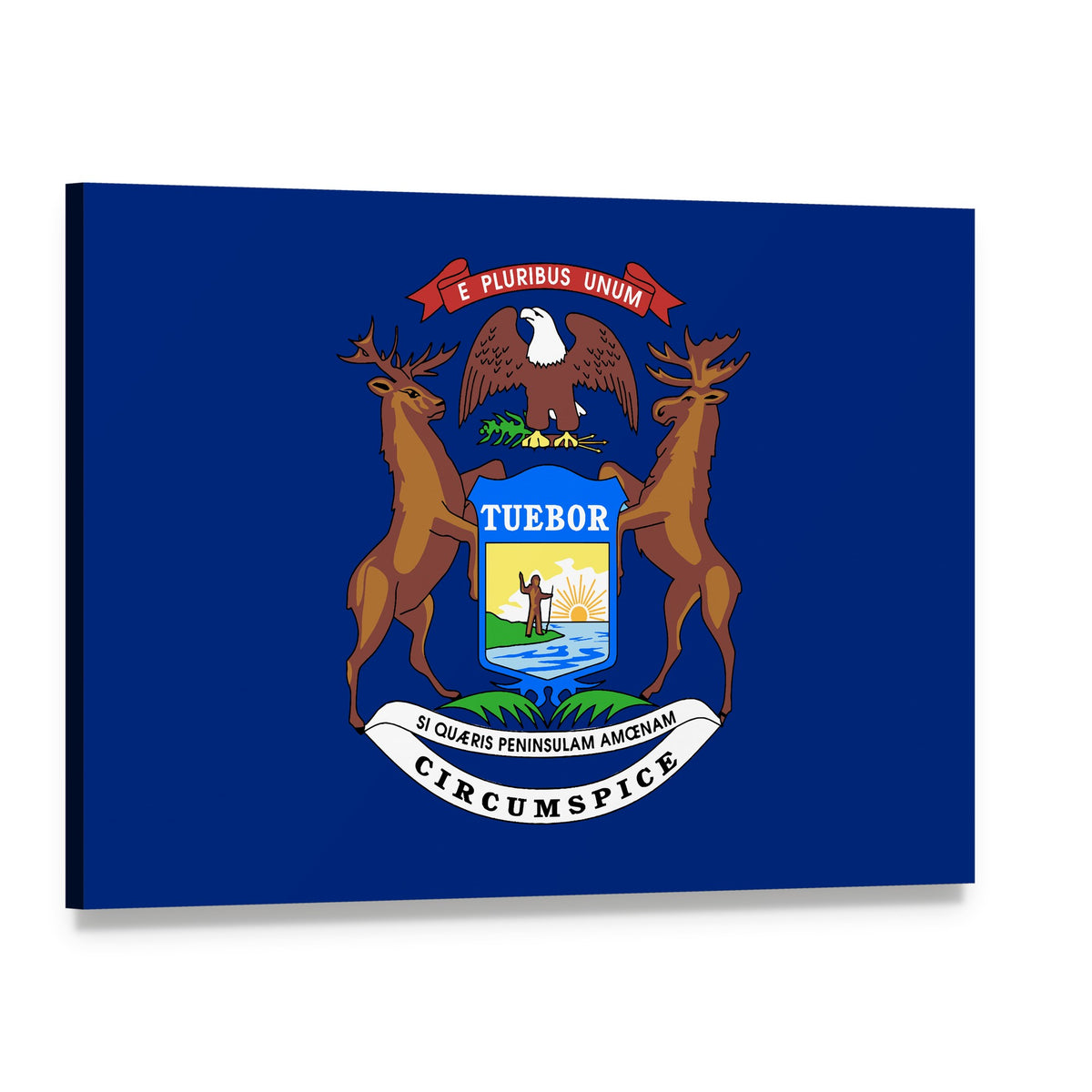 Michigan Flag with Coat of Arms Canvas Wall Art, single panel gallery wrapped canvas, angled product view