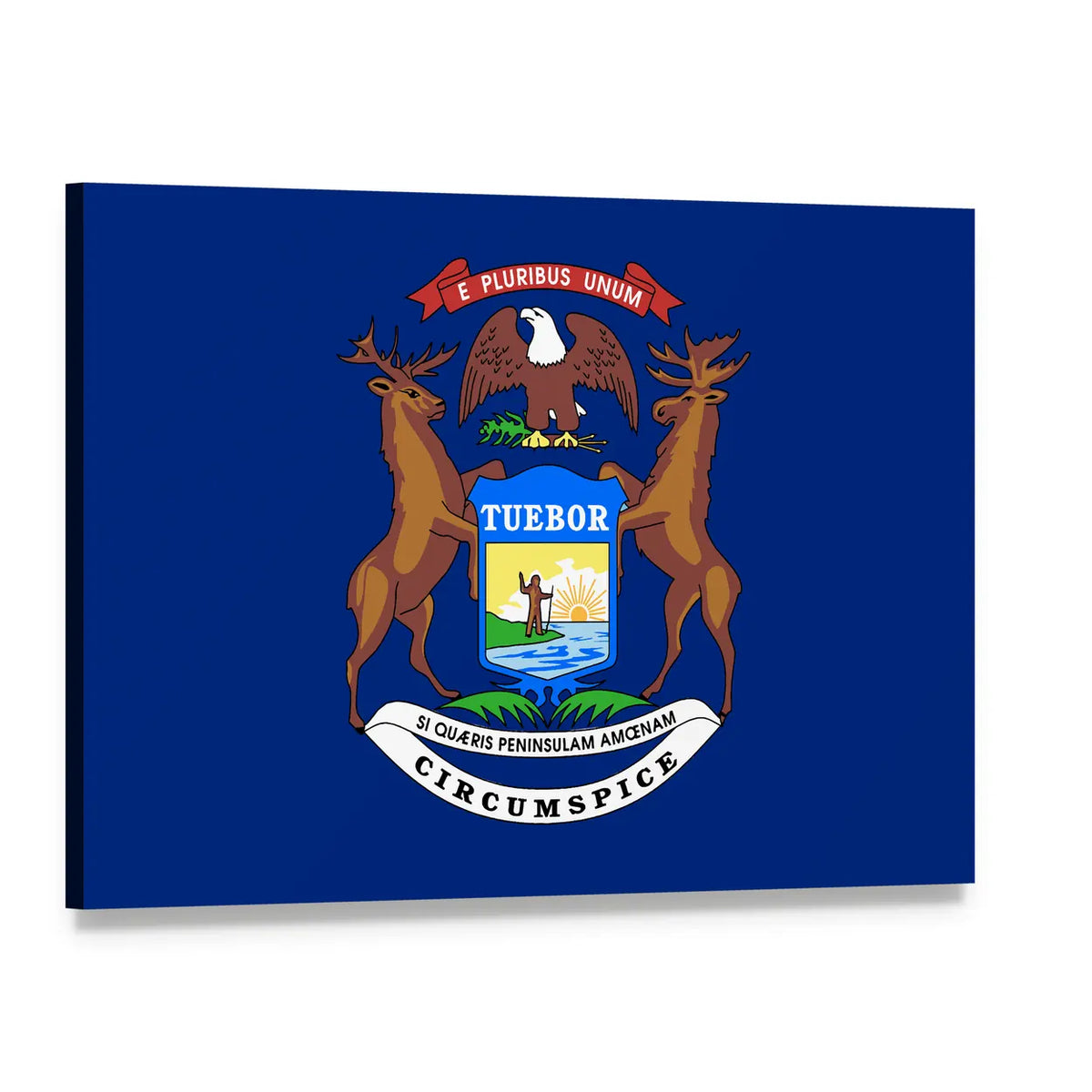 Michigan State Coat of Arms Flag Canvas Wall Art, single panel gallery wrapped canvas, angled product view