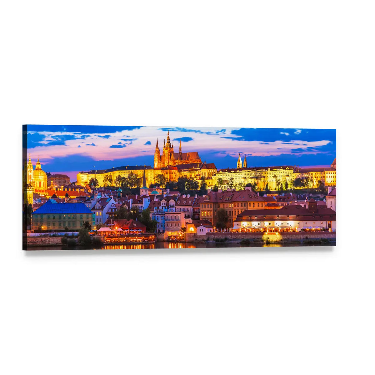 Prague Vltava River and St. Vitus Cathedral Panoramic Canvas Wall Art, single panel gallery wrapped canvas, angled product view