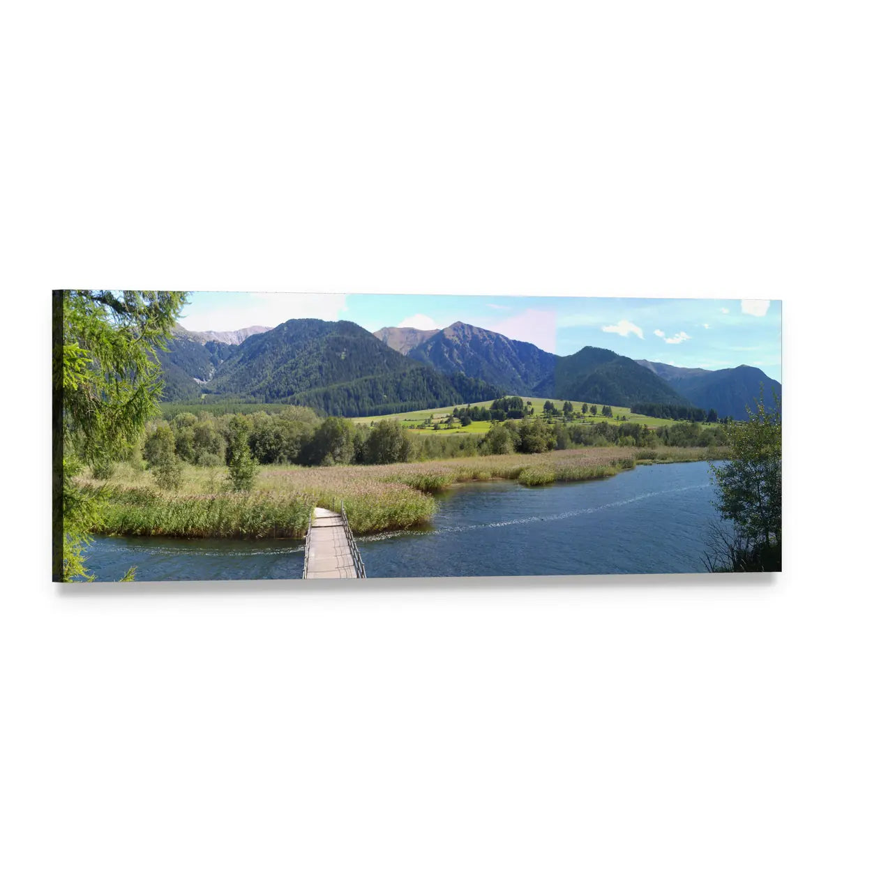 Summer Lake with Wooden Boardwalk Panoramic Canvas Wall Art, single panel gallery wrapped canvas, angled product view