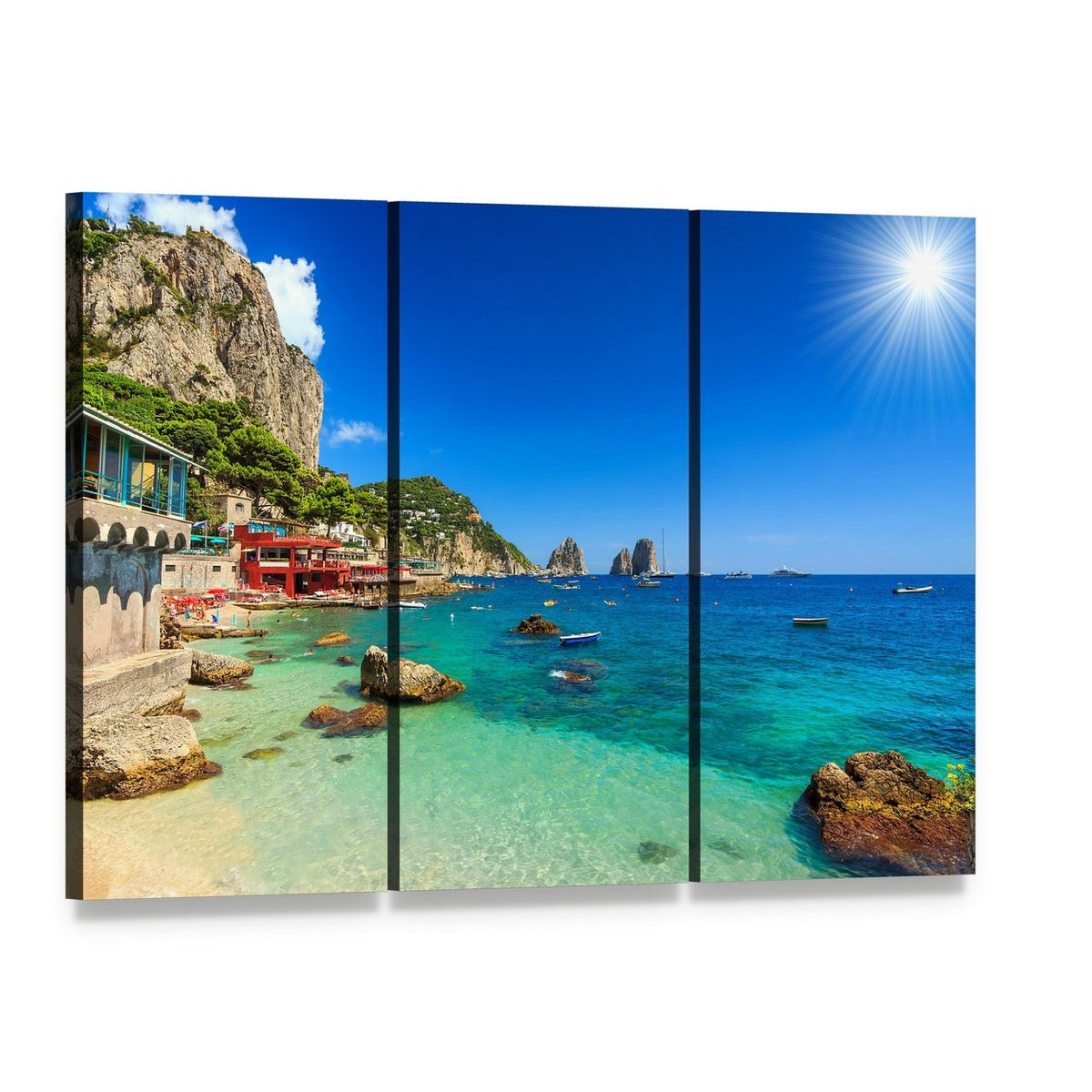 Faraglioni Cliffs and Beach Canvas Wall Art, 3 panel 3 Horizontal layout gallery wrapped canvas set, angled product view