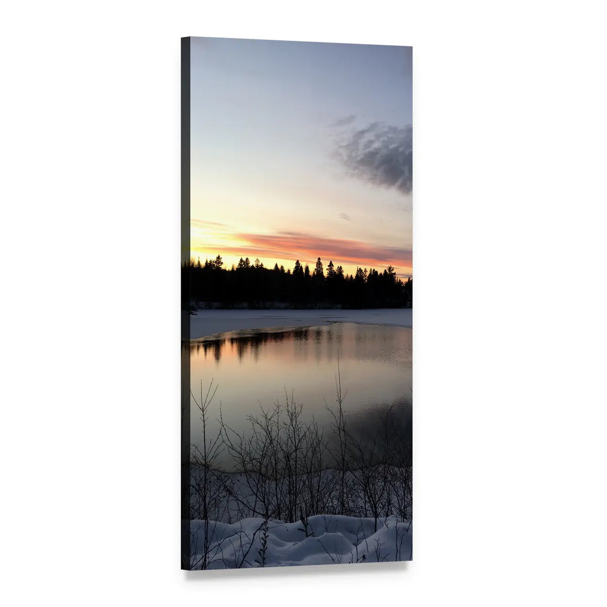 Winter Lake at Dawn Vertical Canvas Wall Art, 1 panel 1 Vertical layout gallery wrapped canvas set, angled product view