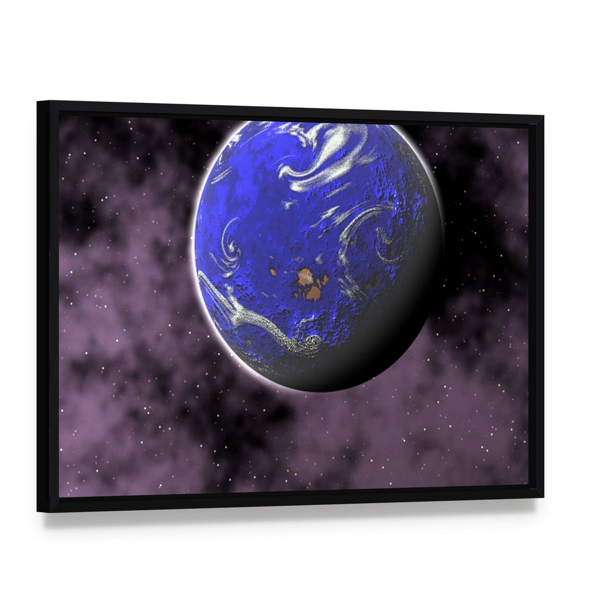 Water Planet in Deep Space Canvas Wall Art, framed canvas in a black floater frame, angled product view