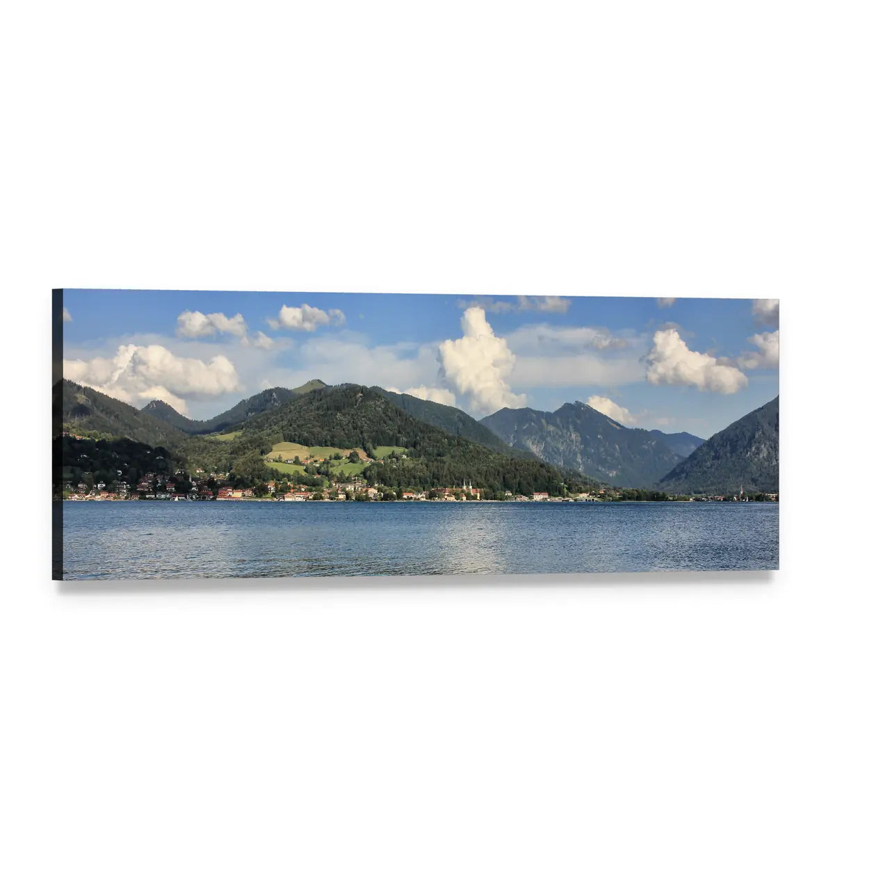 Summer Lake with Mountains Panoramic Canvas Wall Art, single panel gallery wrapped canvas, angled product view