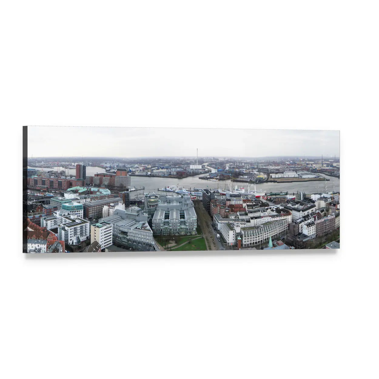 Hamburg Harbor Skyline Panoramic Canvas Wall Art, single panel gallery wrapped canvas, angled product view