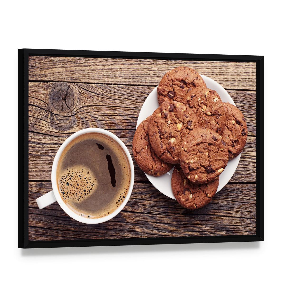 Chocolate Cookies and Hot Coffee Canvas Wall Art, framed canvas in a black floater frame, angled product view