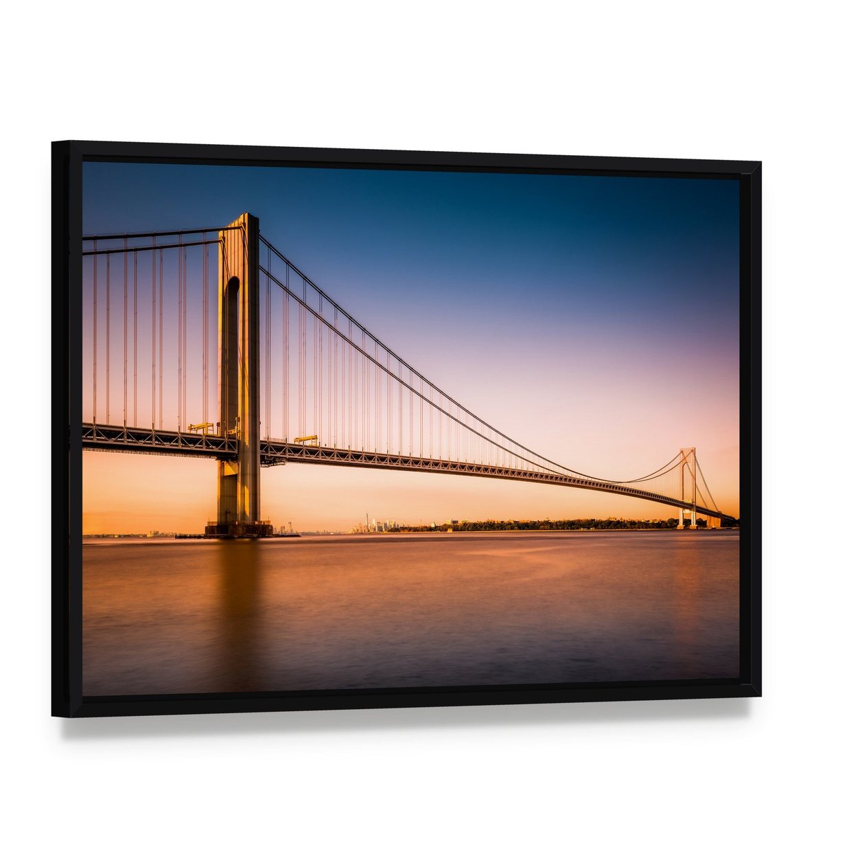 Verrazano Narrows Bridge at Sunset Canvas Wall Art, framed canvas in a black floater frame, angled product view