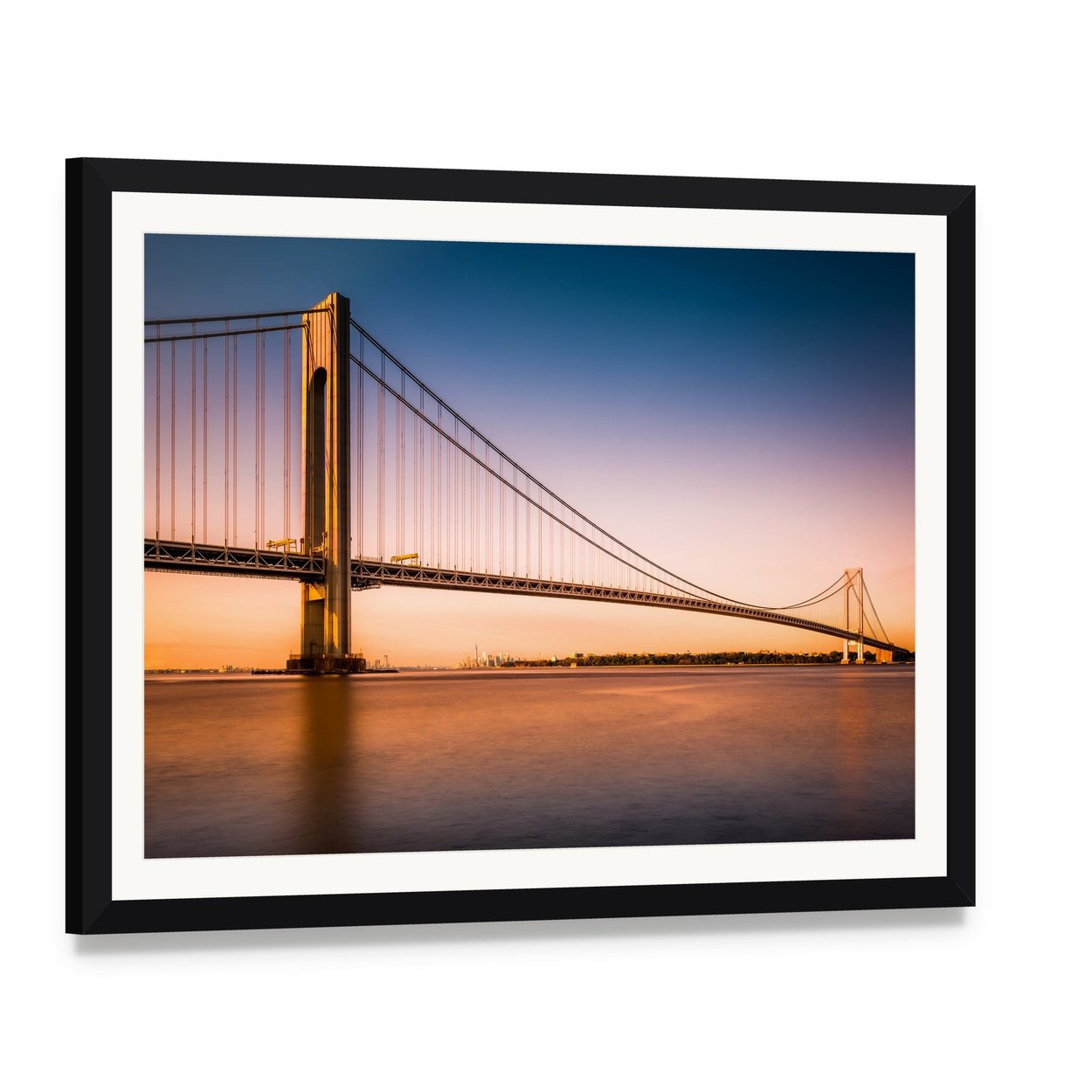 Verrazano Narrows Bridge at Sunset Canvas Wall Art, framed print with white mat and black frame, angled product view