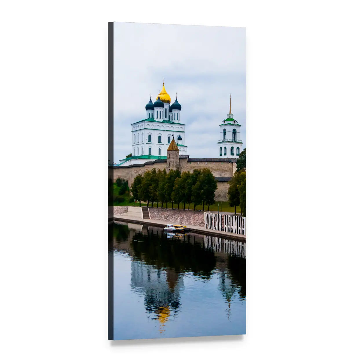 Pskov Krom Church and River Vertical Canvas Wall Art, 1 panel 1 Vertical layout gallery wrapped canvas set, angled product view