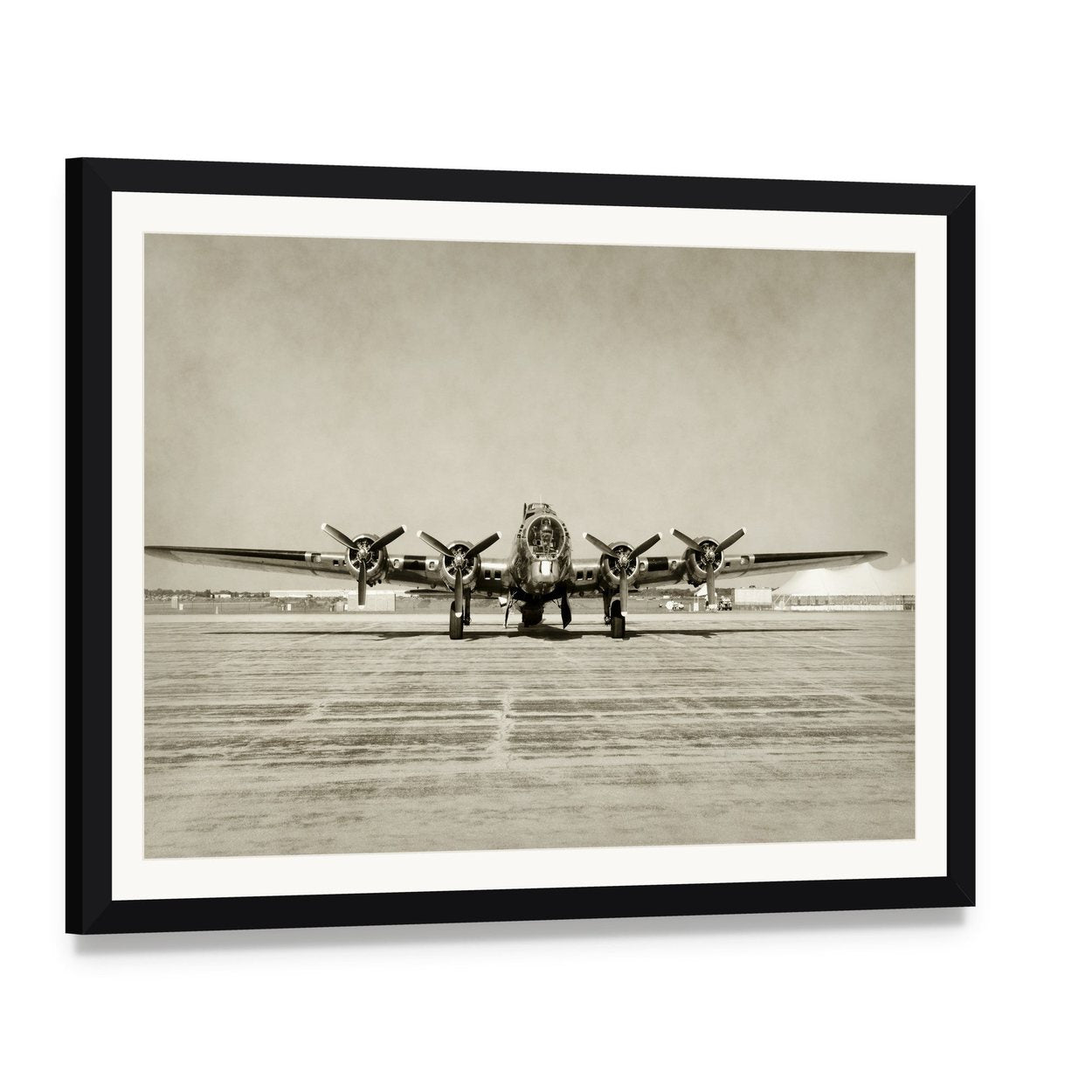 World War Ii Era Heavy Bomber Canvas Wall Art, framed print with white mat and black frame, angled product view