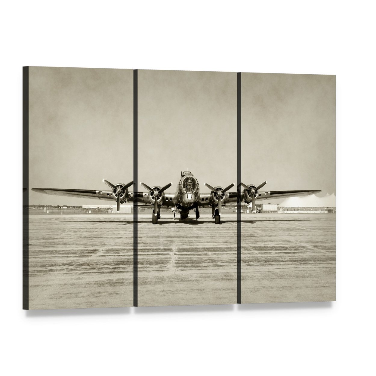 World War Ii Era Heavy Bomber Canvas Wall Art, 3 panel 3 Horizontal layout gallery wrapped canvas set, angled product view