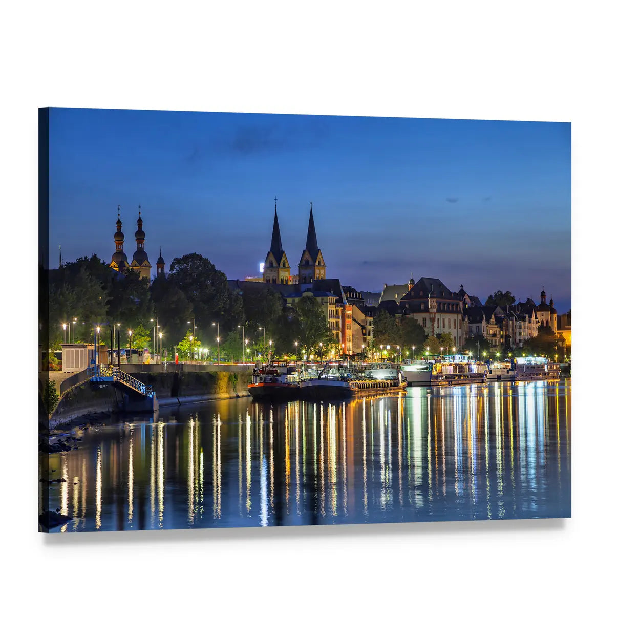 Koblenz Night Riverfront Skyline Canvas Wall Art, single panel gallery wrapped canvas, angled product view