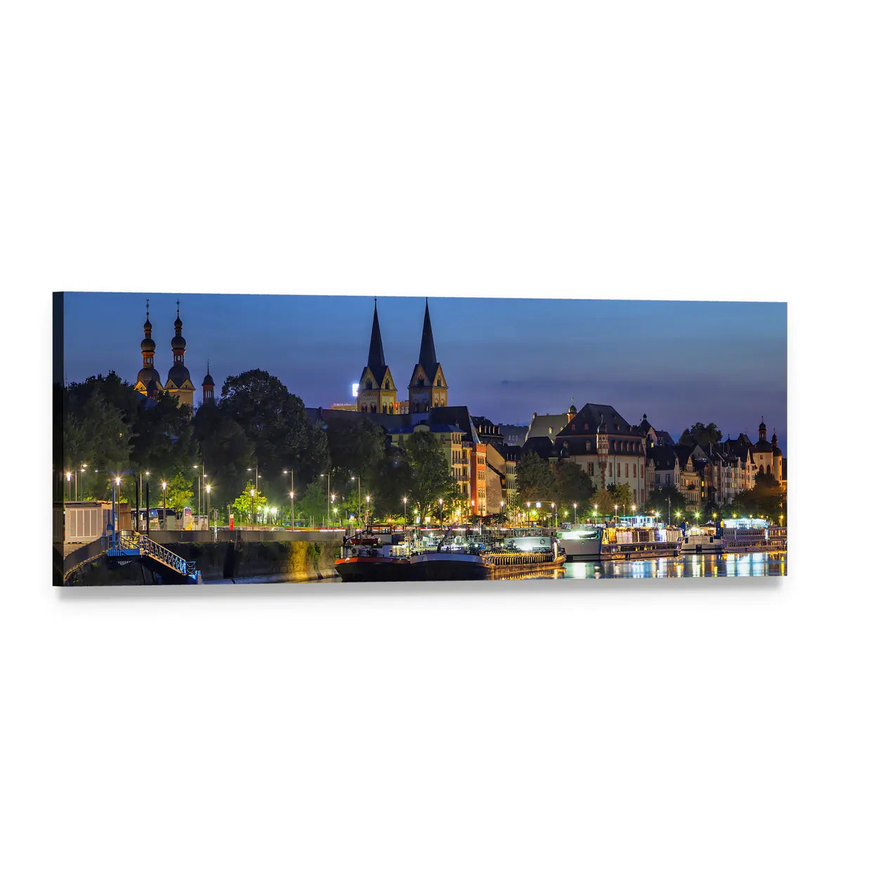 Koblenz Riverfront Skyline at Twilight Panoramic Canvas Wall Art, single panel gallery wrapped canvas, angled product view