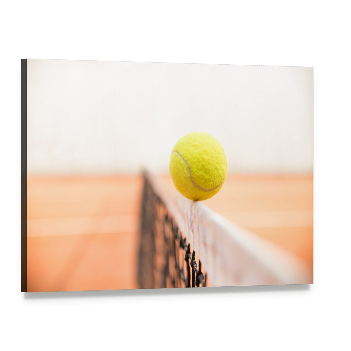 Tennis Ball Hitting Net Canvas Wall Art, single panel gallery wrapped canvas, angled product view