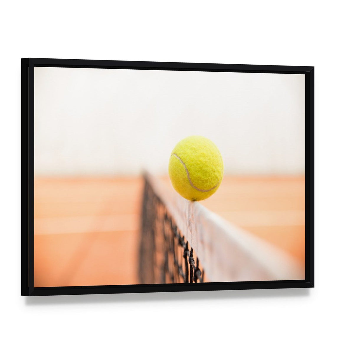 Tennis Ball Hitting Net Canvas Wall Art, framed canvas in a black floater frame, angled product view