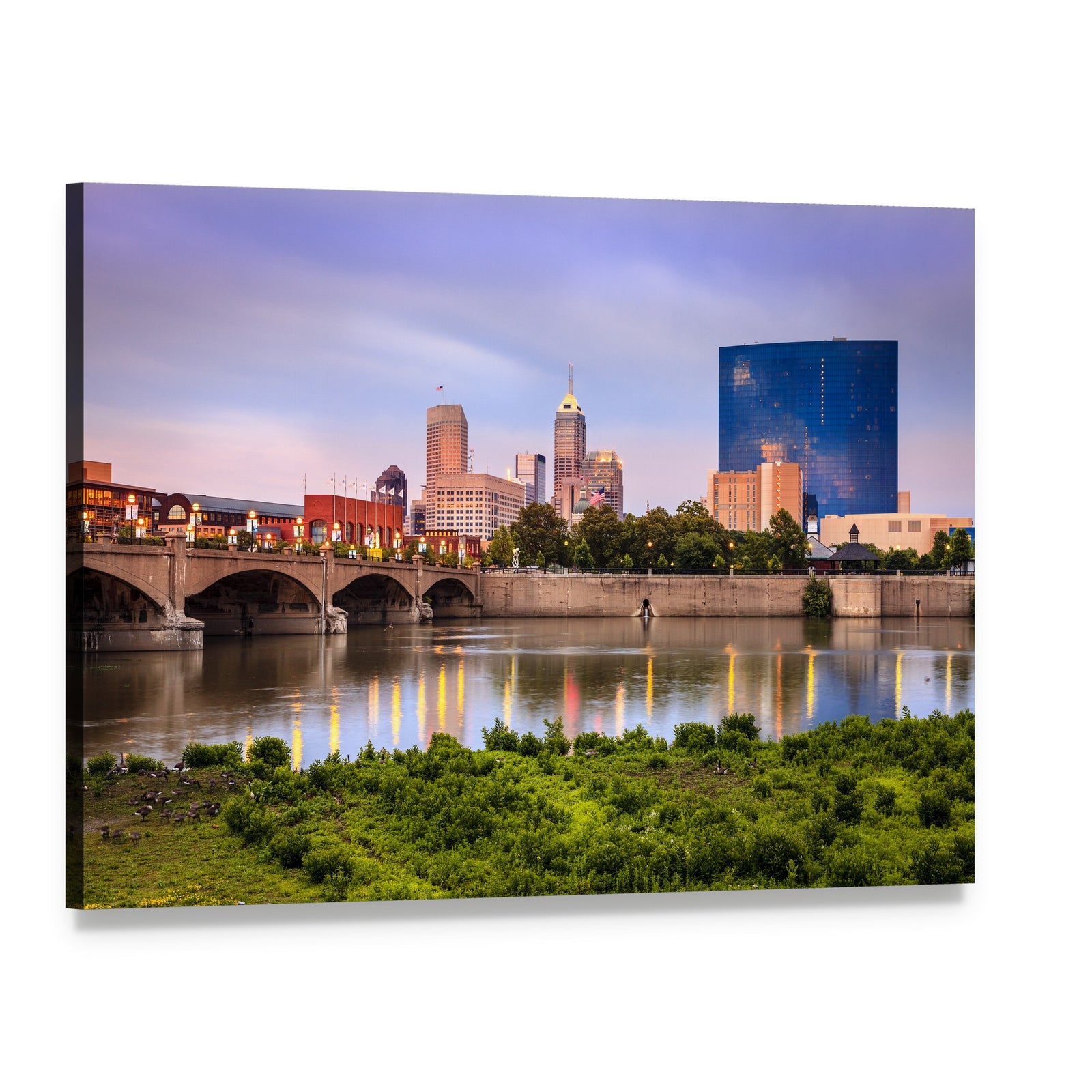 Indianapolis Skyline at Sunset Canvas Wall Art, single panel gallery wrapped canvas, angled product view