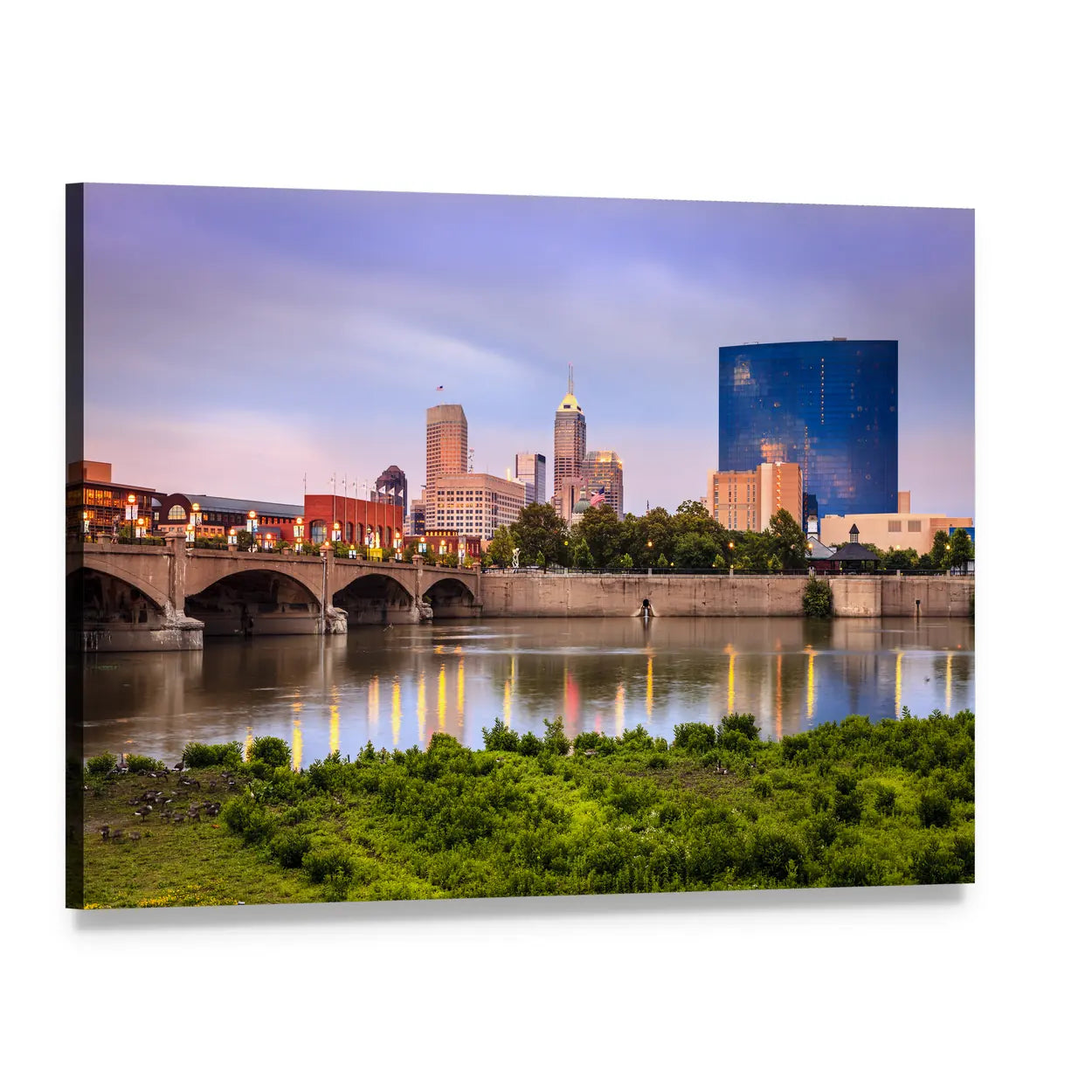 Indianapolis Skyline at Sunset Canvas Wall Art, single panel gallery wrapped canvas, angled product view