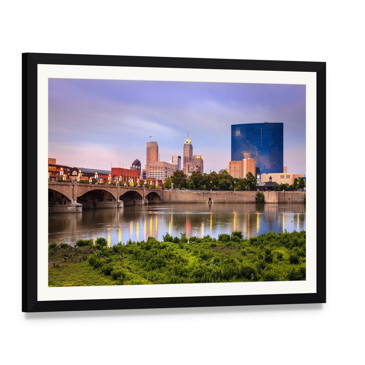 Indianapolis Skyline at Sunset Canvas Wall Art, framed print with white mat and black frame, angled product view