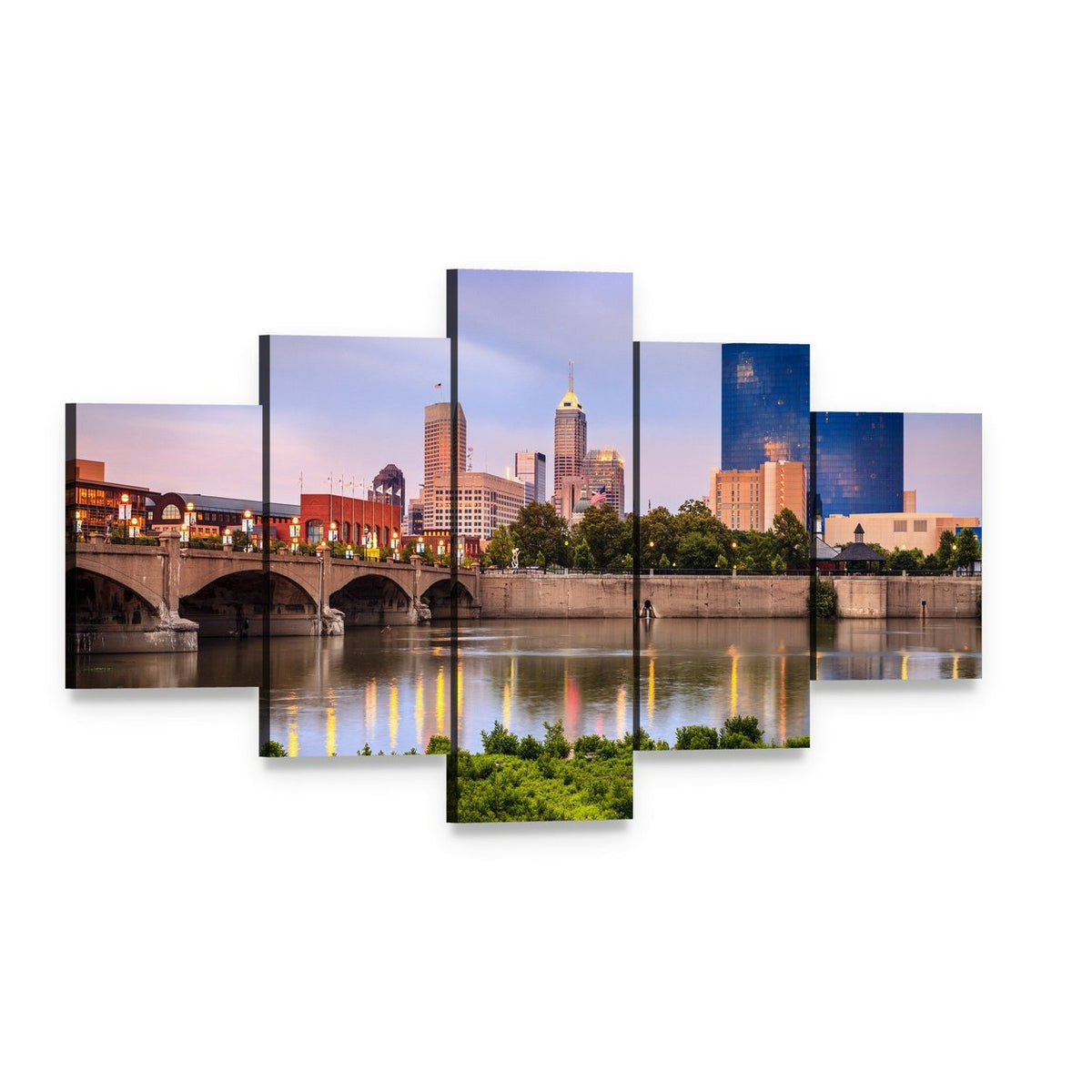 Indianapolis Skyline at Sunset Canvas Wall Art, 5 panel 5 Star layout gallery wrapped canvas set, angled product view