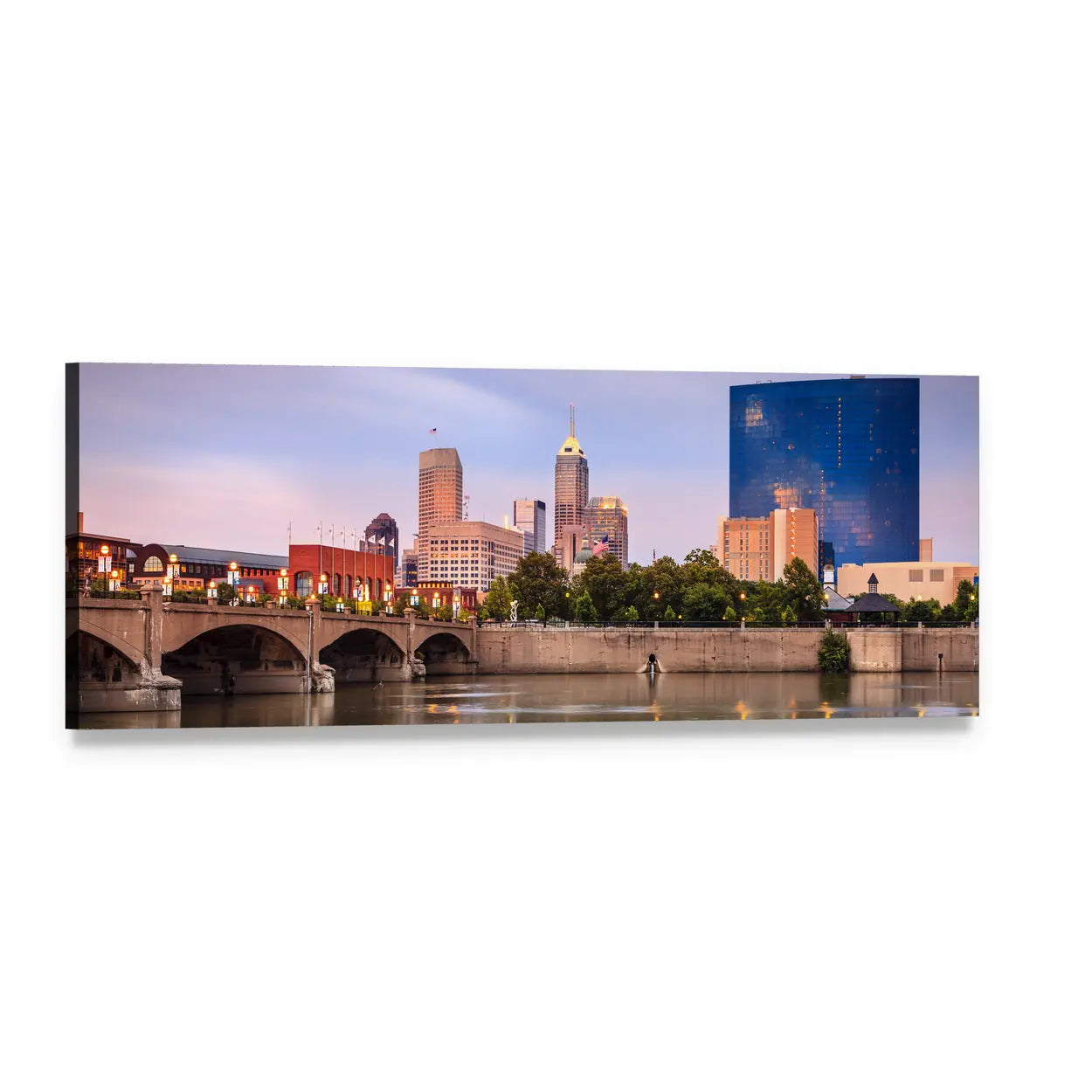 Indianapolis Skyline at Sunset Panoramic Canvas Wall Art, single panel gallery wrapped canvas, angled product view