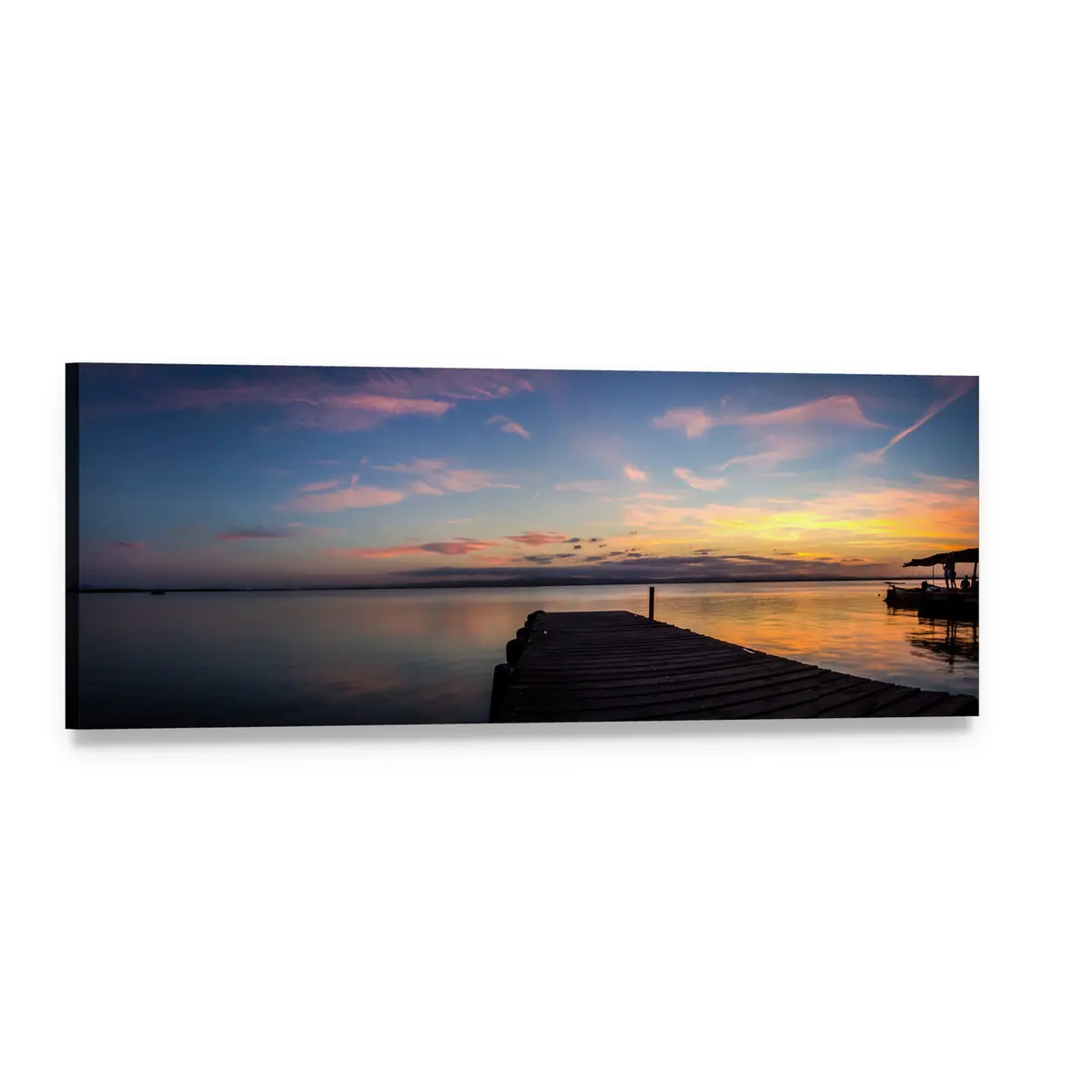 Sunset Pier Over Lake Panoramic Canvas Wall Art, single panel gallery wrapped canvas, angled product view