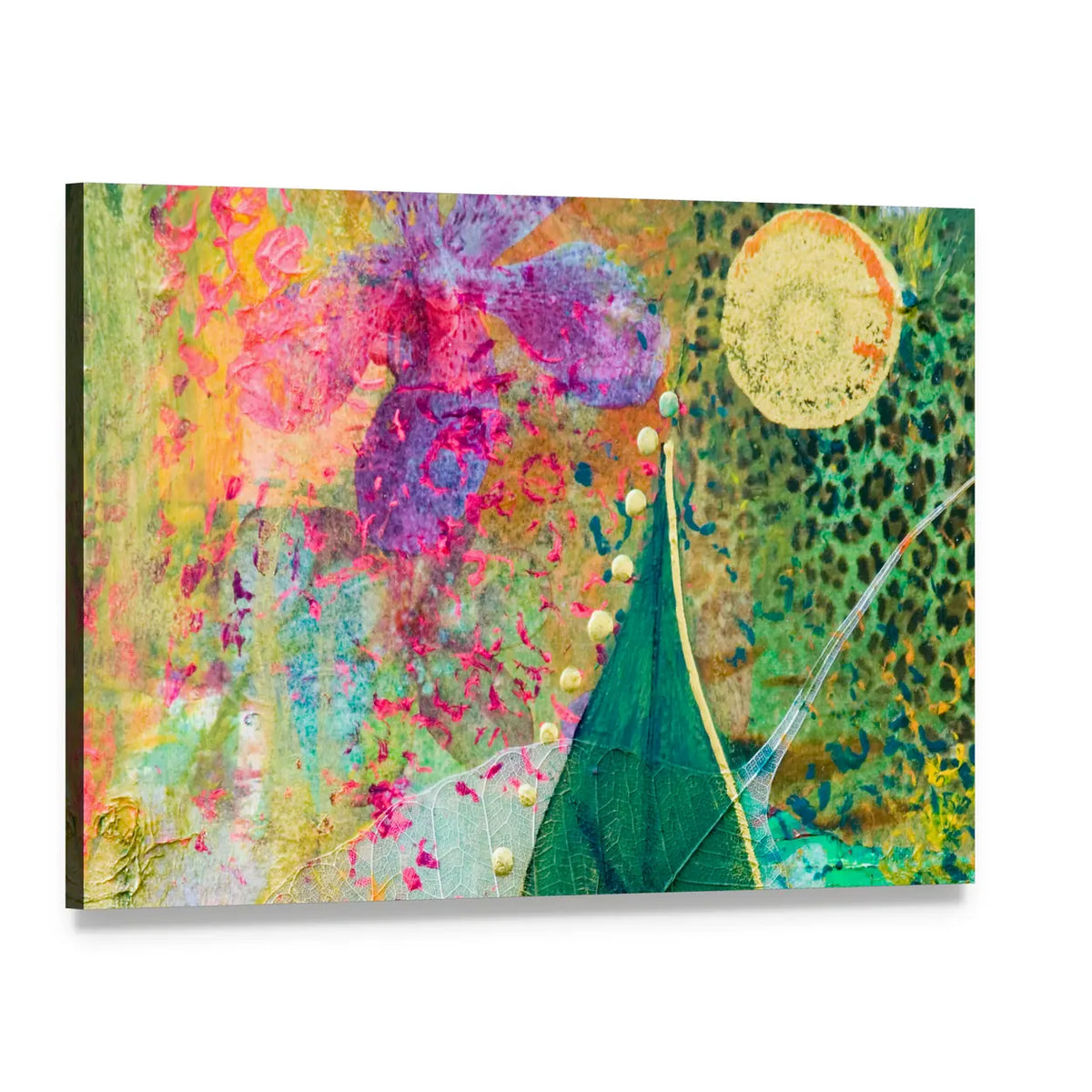 Green Leaf and Purple Orchid Abstract Canvas Wall Art, single panel gallery wrapped canvas, angled product view