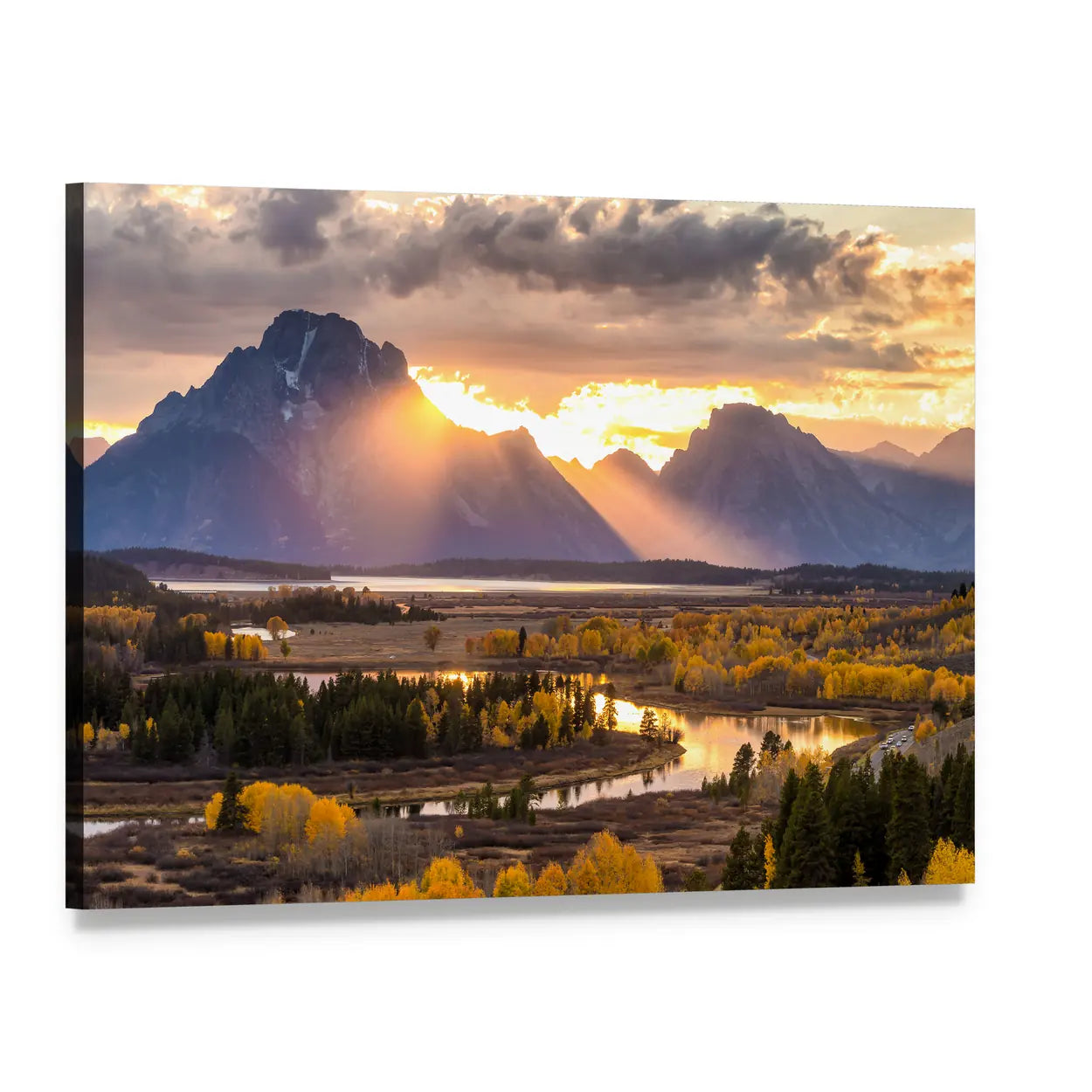 Grand Teton Autumn Sunrise with River Canvas Wall Art, single panel gallery wrapped canvas, angled product view