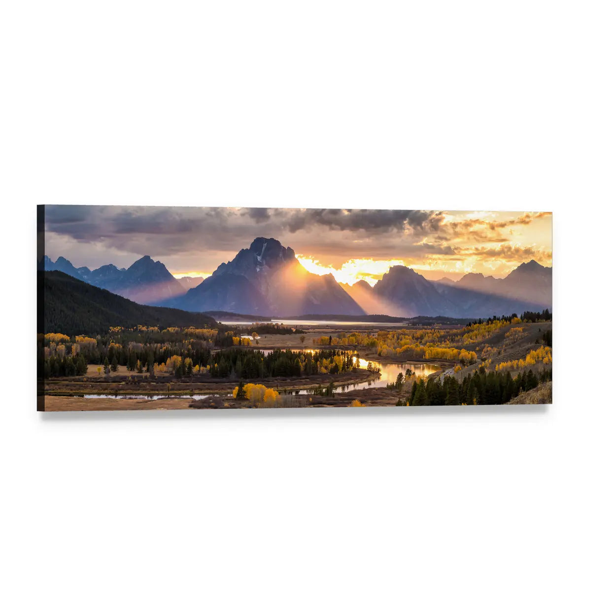Grand Teton Autumn River Sunset Panoramic Canvas Wall Art, single panel gallery wrapped canvas, angled product view
