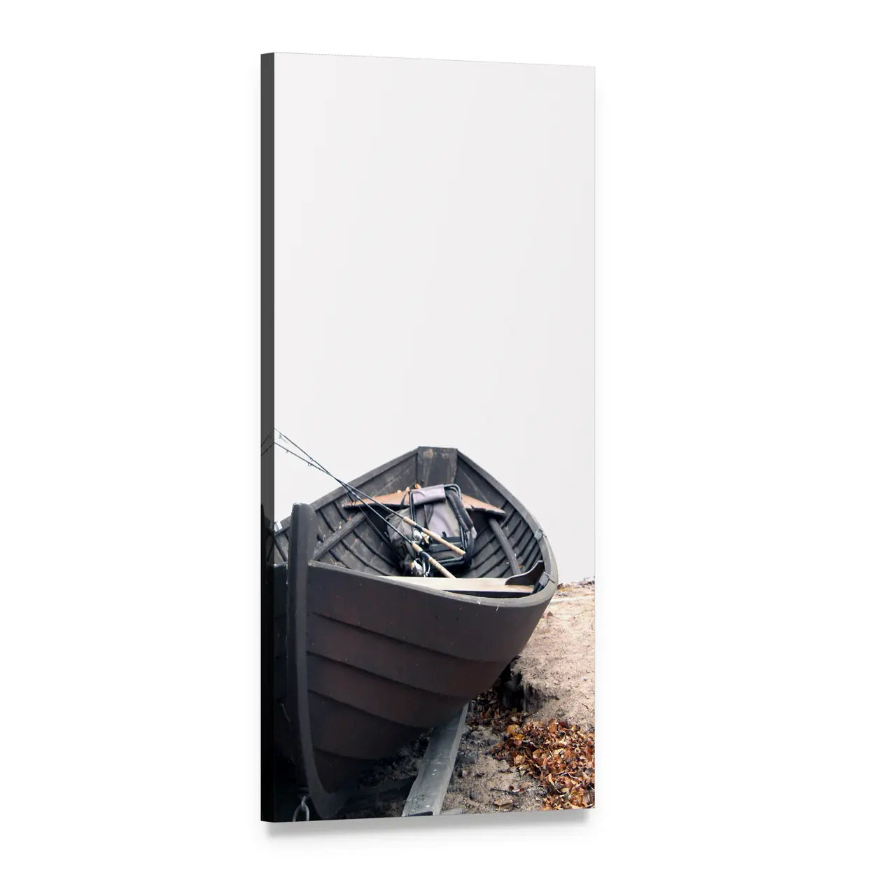 Traditional Wooden Rowboat on Beach Vertical Canvas Wall Art, 1 panel 1 Vertical layout gallery wrapped canvas set, angled product view