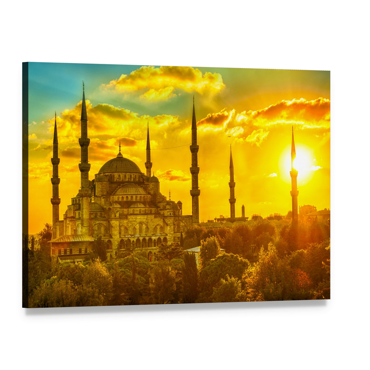 Blue Mosque at Beautiful Sunset Canvas Wall Art, single panel gallery wrapped canvas, angled product view