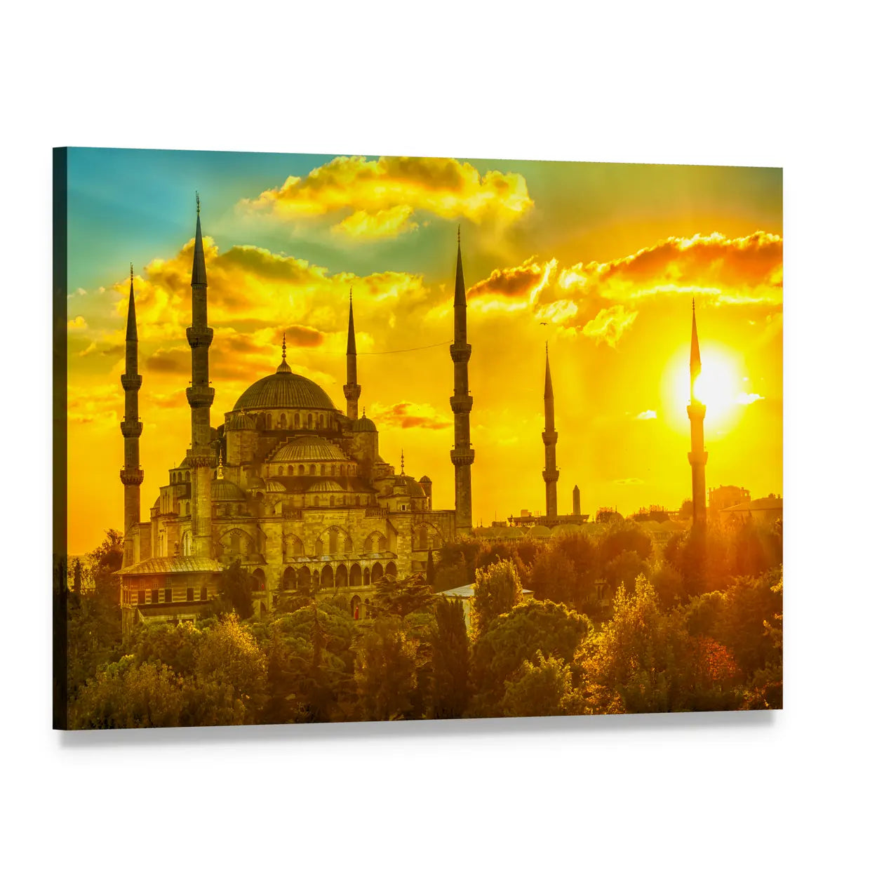 Blue Mosque at Sunset Canvas Wall Art, single panel gallery wrapped canvas, angled product view
