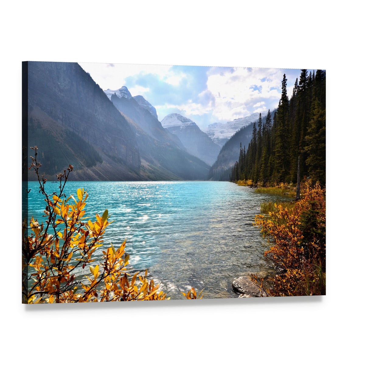 Autumn View of Lake Louise Canvas Wall Art, single panel gallery wrapped canvas, angled product view