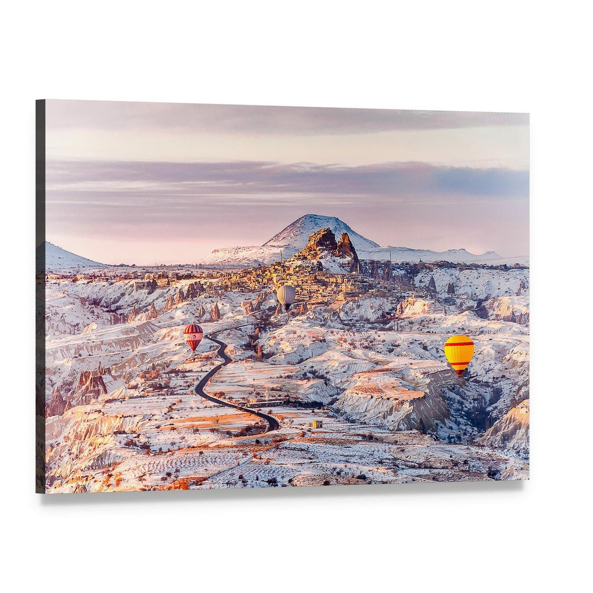 Cappadocia Winter Landscape with Hot Air Balloons Canvas Wall Art, single panel gallery wrapped canvas, angled product view