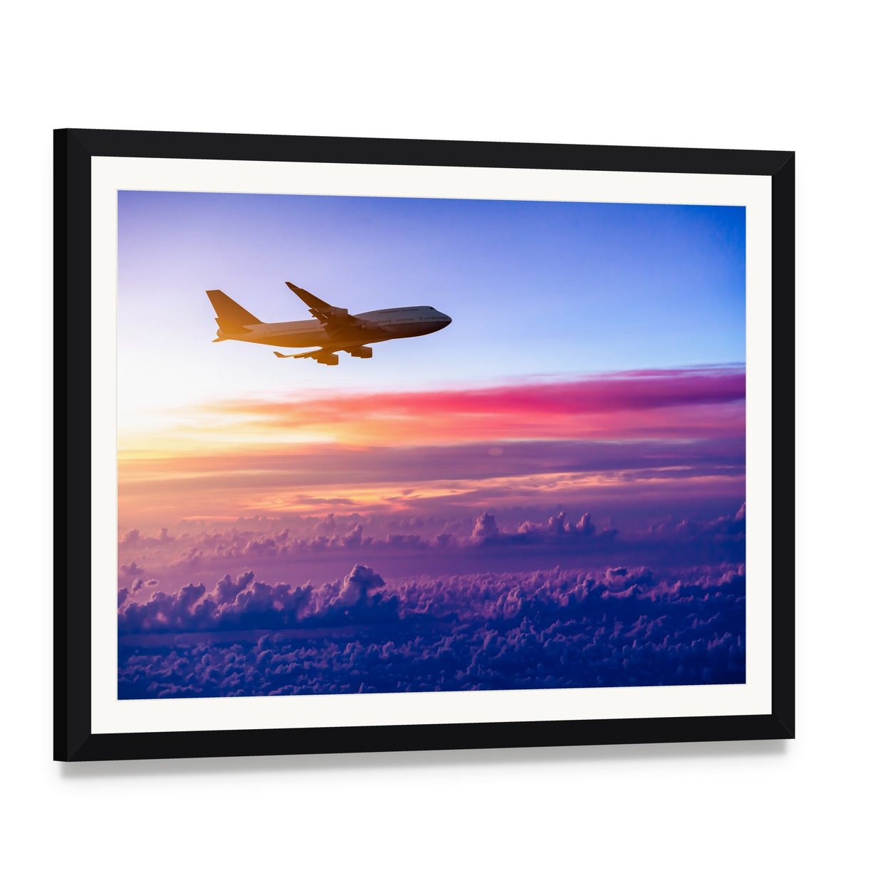 Airplane in the Sky Canvas Wall Art, framed print with white mat and black frame, angled product view