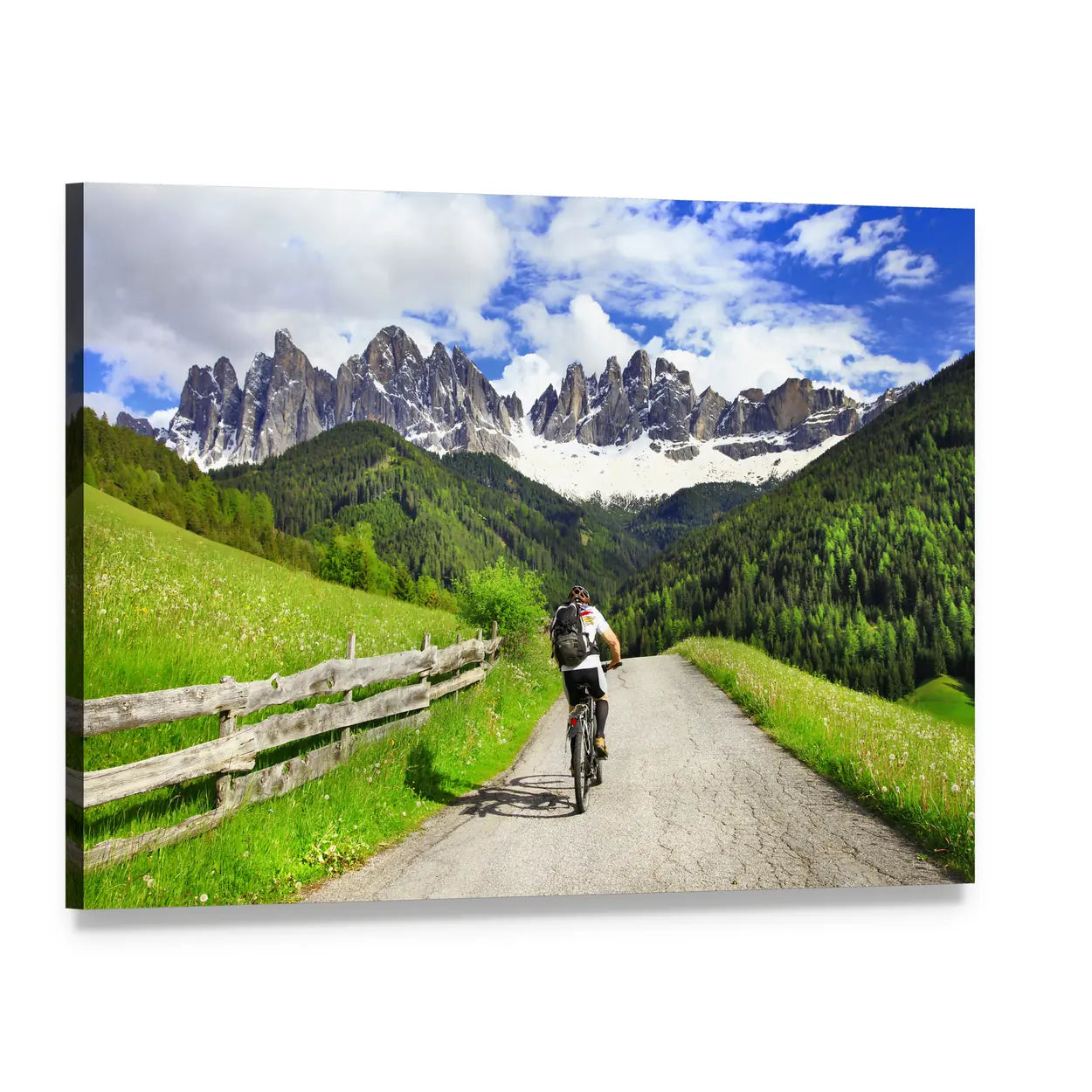 Cyclist on Mountain Road Canvas Wall Art, single panel gallery wrapped canvas, angled product view