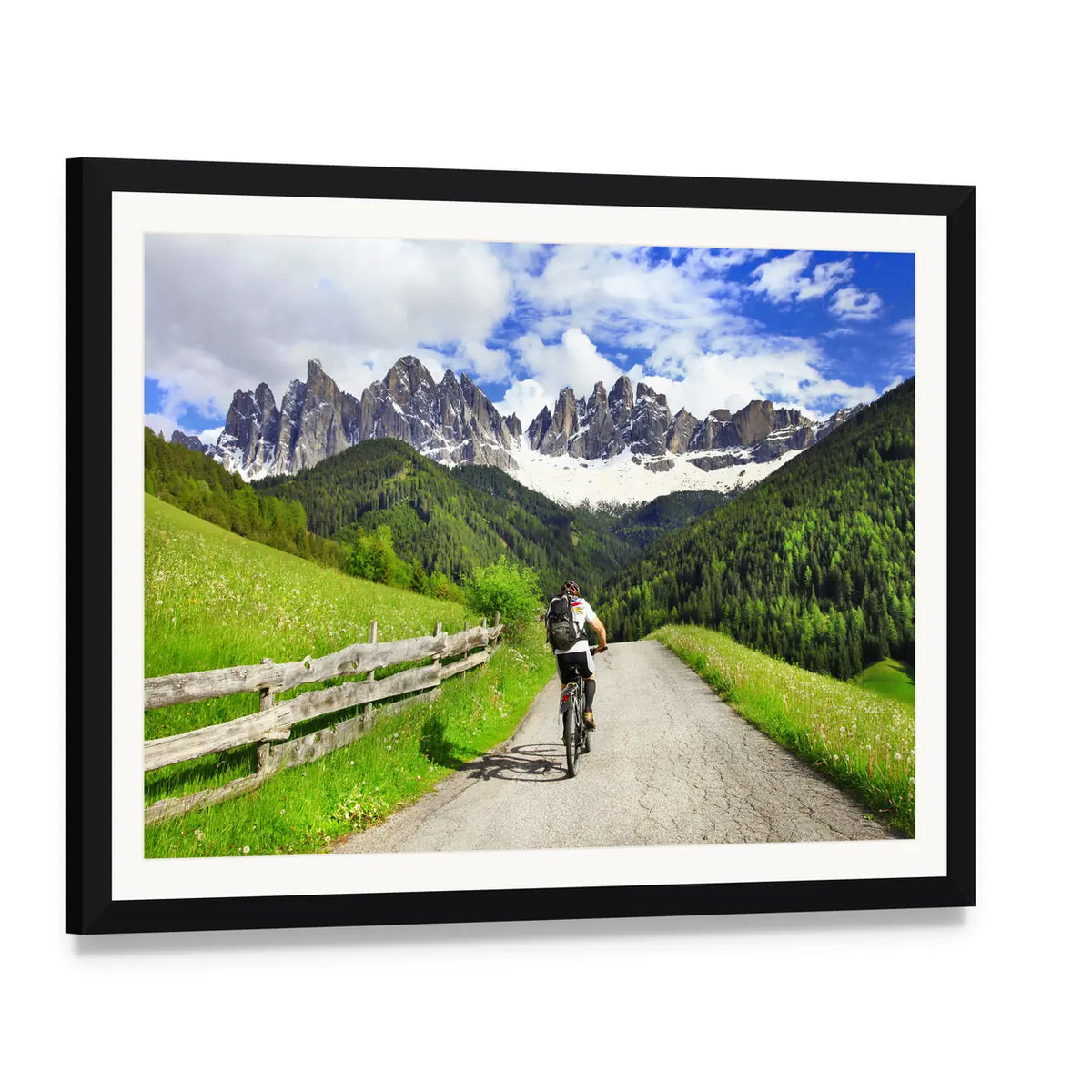 Cyclist on Mountain Road Canvas Wall Art, framed print with white mat and black frame, angled product view