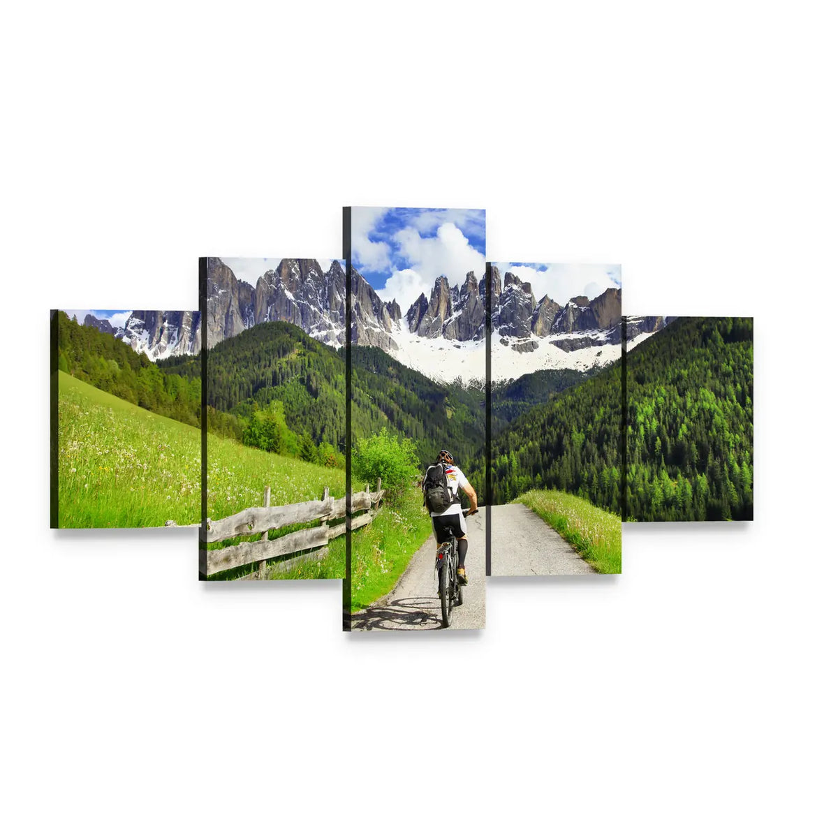 Cyclist on Mountain Road Canvas Wall Art, 5 panel 5 Star layout gallery wrapped canvas set, angled product view