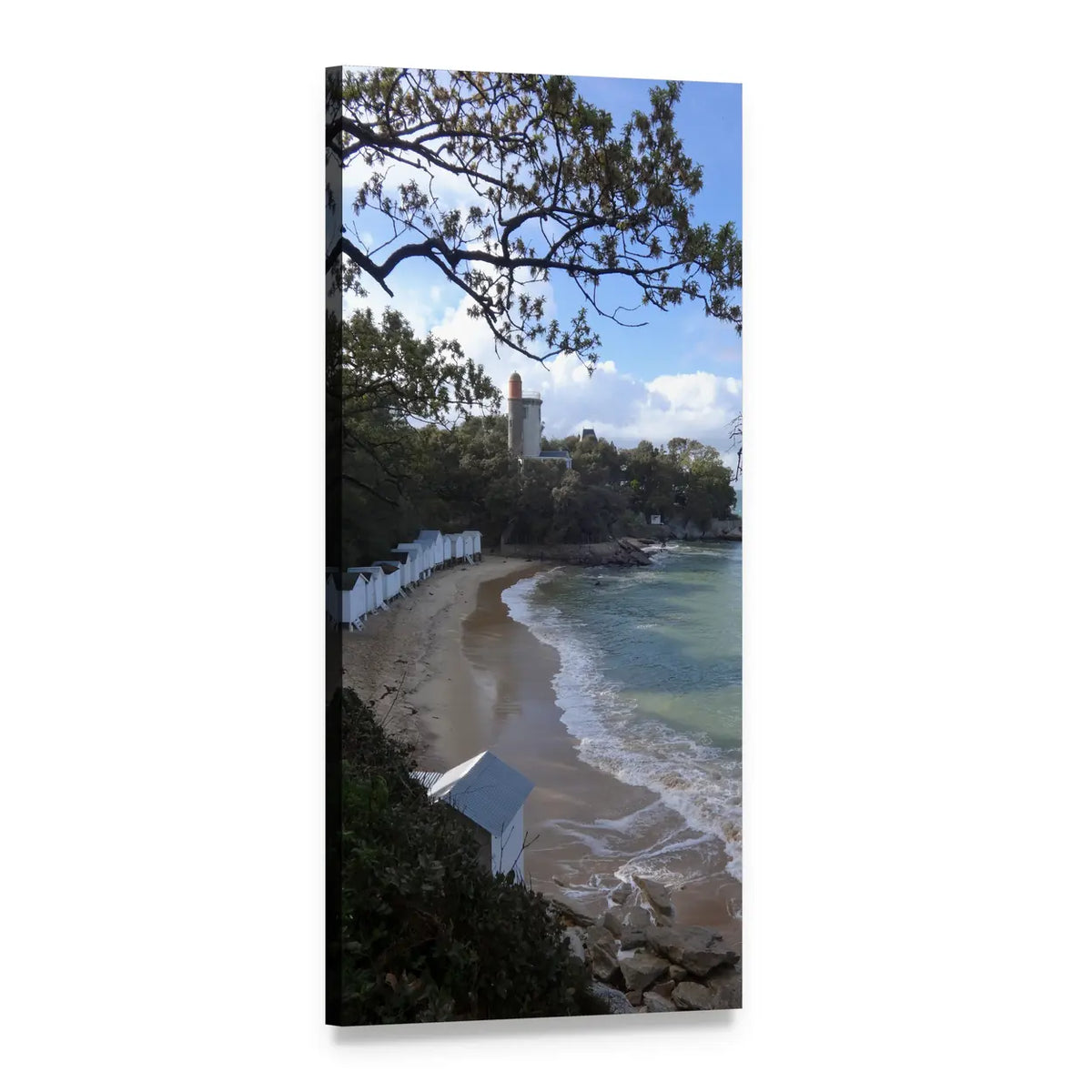Beach with White Cabanas and Lighthouse Vertical Canvas Wall Art, 1 panel 1 Vertical layout gallery wrapped canvas set, angled product view