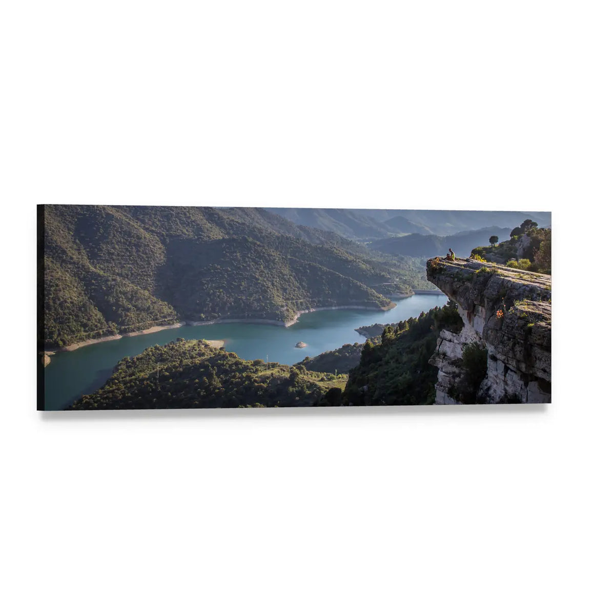 Winding River Through Mountain Range Panoramic Canvas Wall Art, single panel gallery wrapped canvas, angled product view