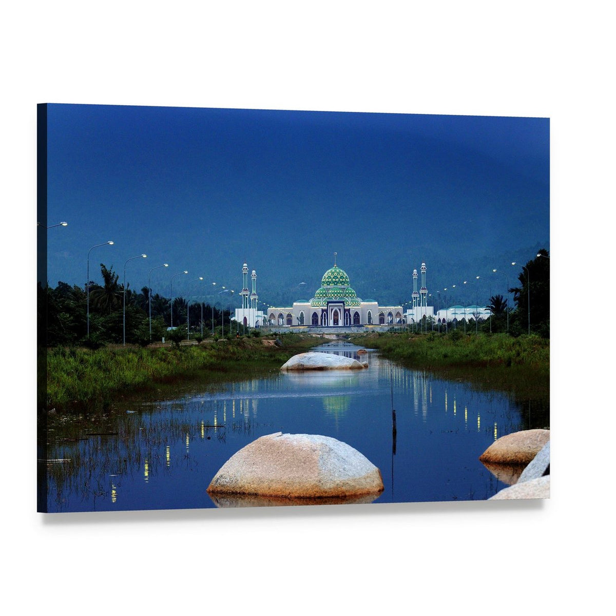 Mosque Reflected in Water at Dusk Canvas Wall Art, single panel gallery wrapped canvas, angled product view