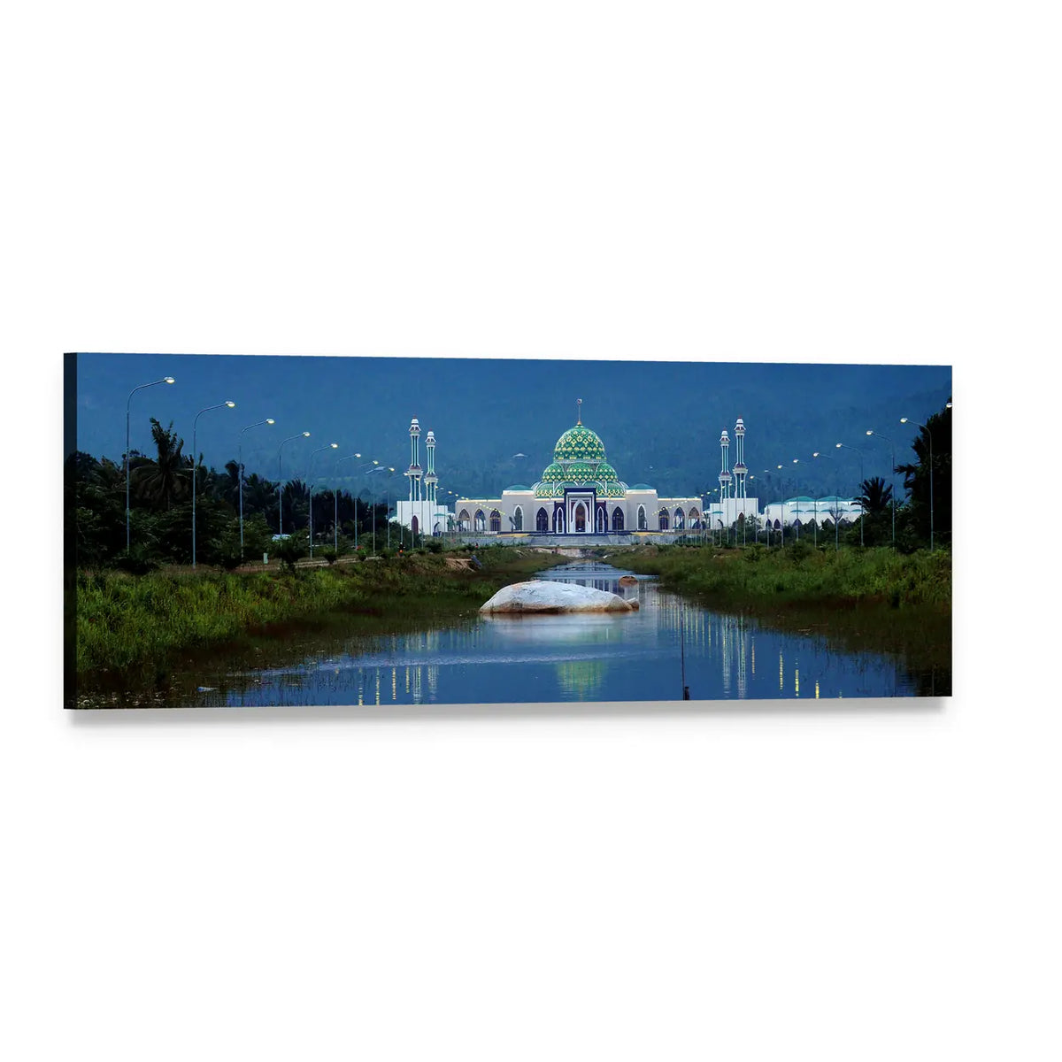 Mosque with Green Dome and Reflection Panoramic Canvas Wall Art, single panel gallery wrapped canvas, angled product view