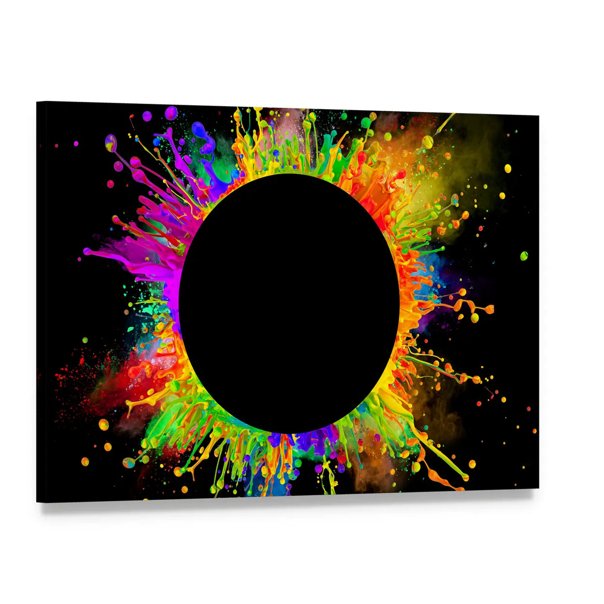 Black Void with Rainbow Paint Splatter Canvas Wall Art, single panel gallery wrapped canvas, angled product view