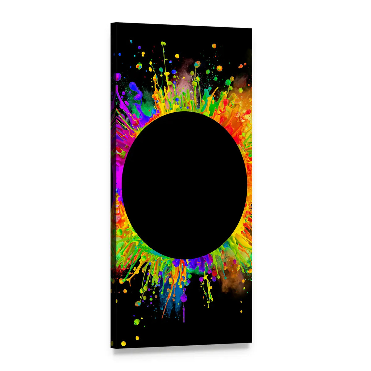Black Circle with Color Splashes Vertical Canvas Wall Art, 1 panel 1 Vertical layout gallery wrapped canvas set, angled product view