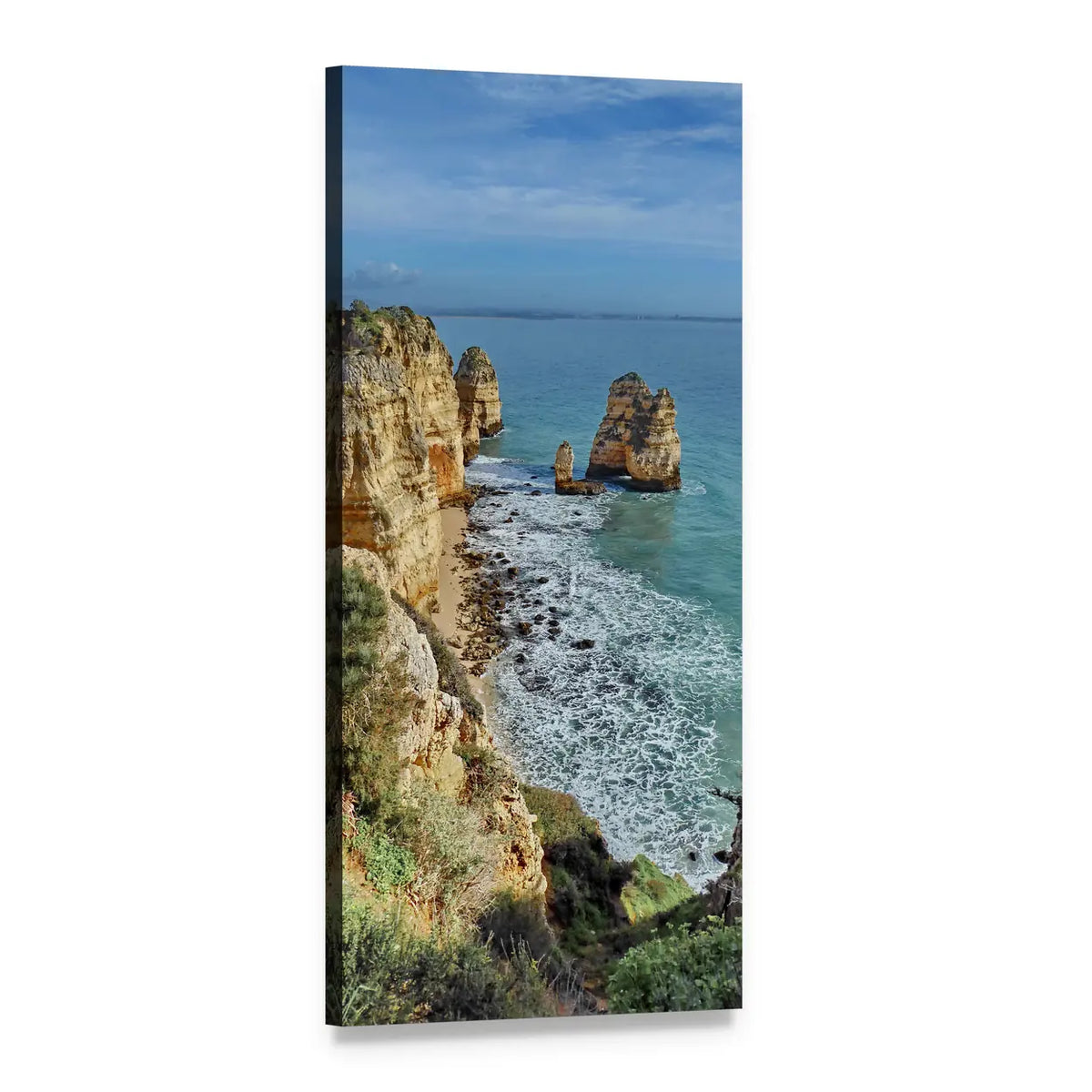 Algarve Coastal Cliffs and Foaming Waves Vertical Canvas Wall Art, 1 panel 1 Vertical layout gallery wrapped canvas set, angled product view