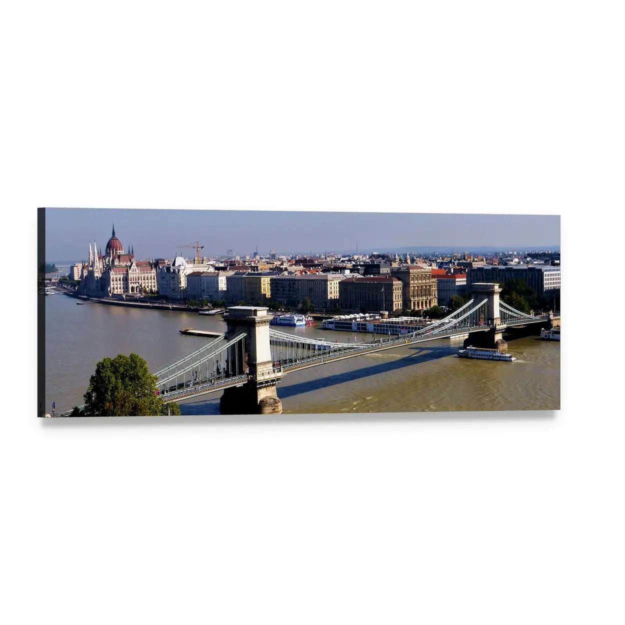 Chain Bridge and Budapest Skyline Panoramic Canvas Wall Art, single panel gallery wrapped canvas, angled product view