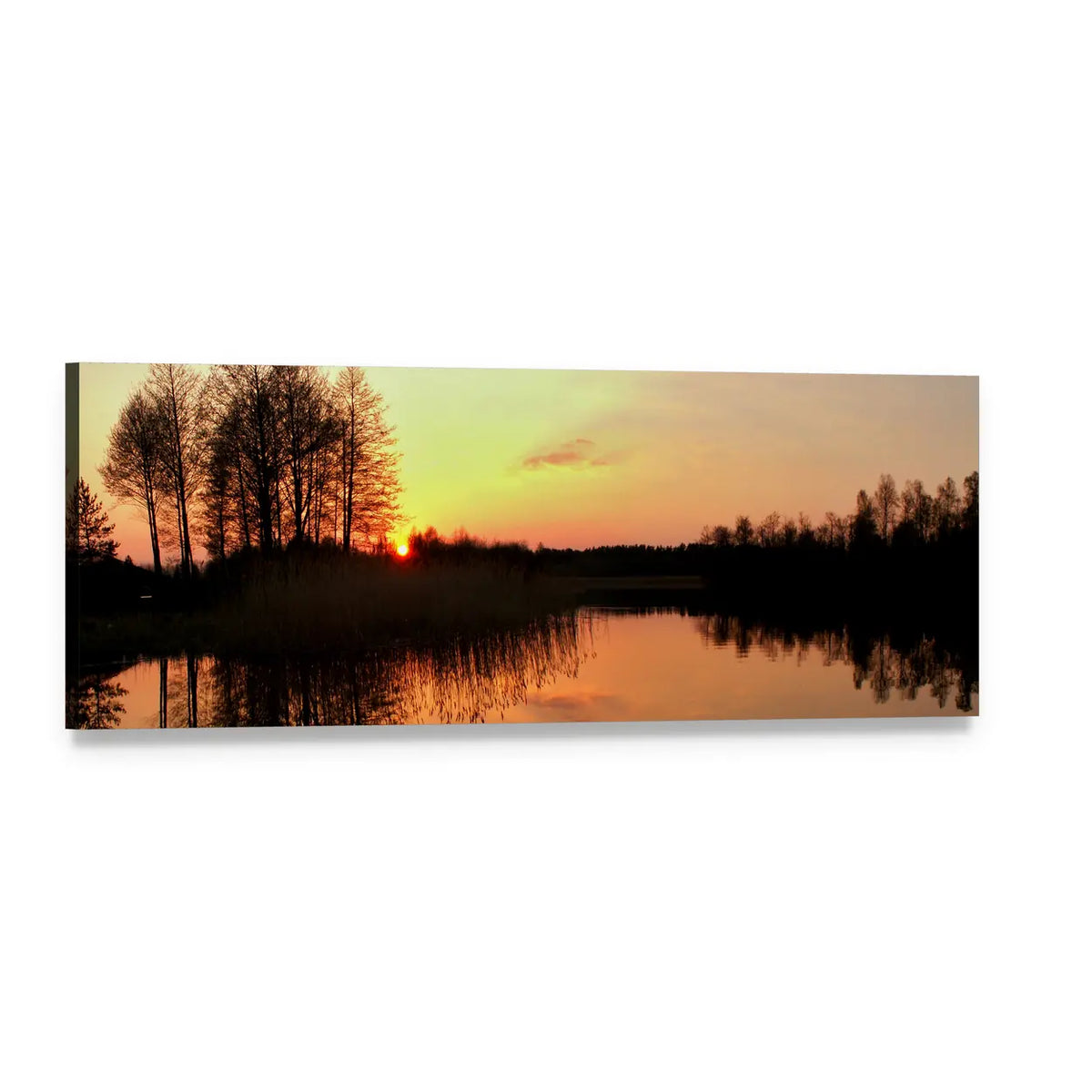Forest Reflection Over Lake at Sunset Panoramic Canvas Wall Art, single panel gallery wrapped canvas, angled product view