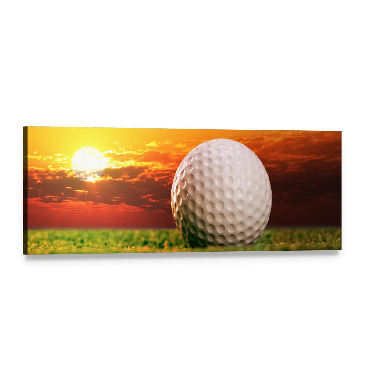 Golf Ball at Sunset Panoramic Canvas Wall Art, single panel gallery wrapped canvas, angled product view