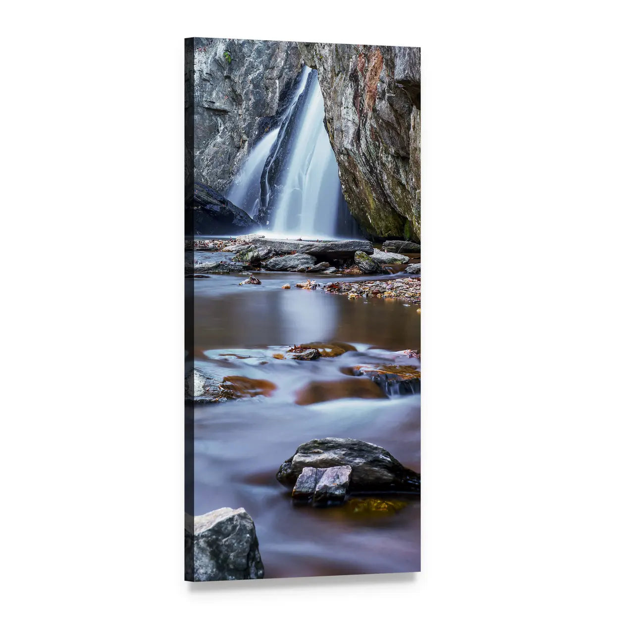 Forest Waterfall and River Vertical Canvas Wall Art, 1 panel 1 Vertical layout gallery wrapped canvas set, angled product view