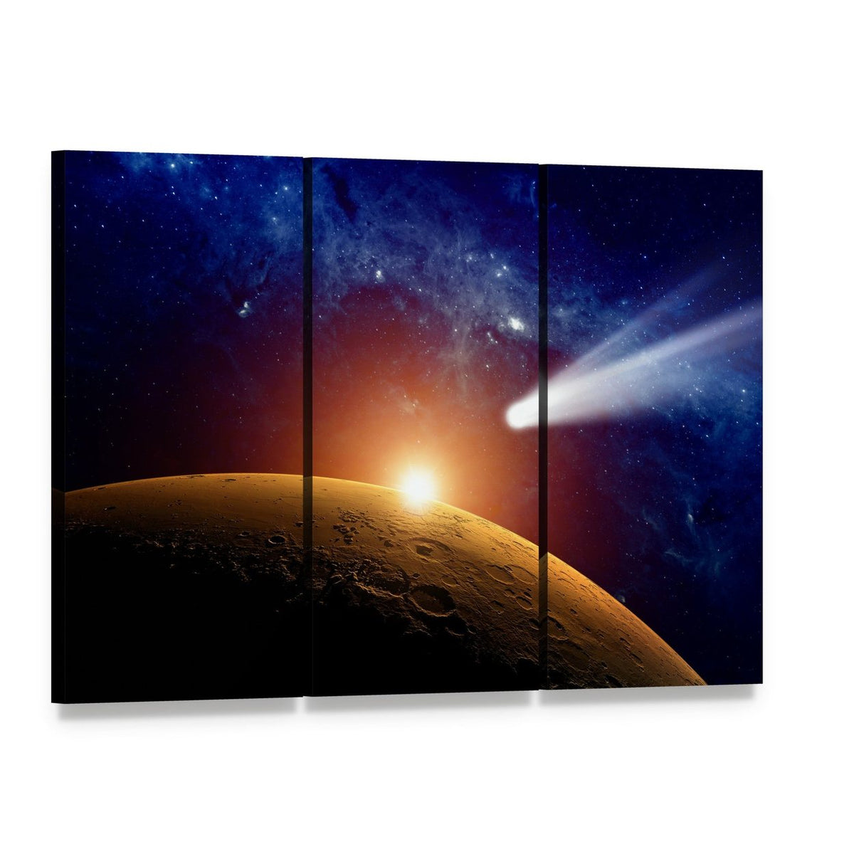 Comet Approaching Mars Canvas Wall Art, 3 panel 3 Horizontal layout gallery wrapped canvas set, angled product view